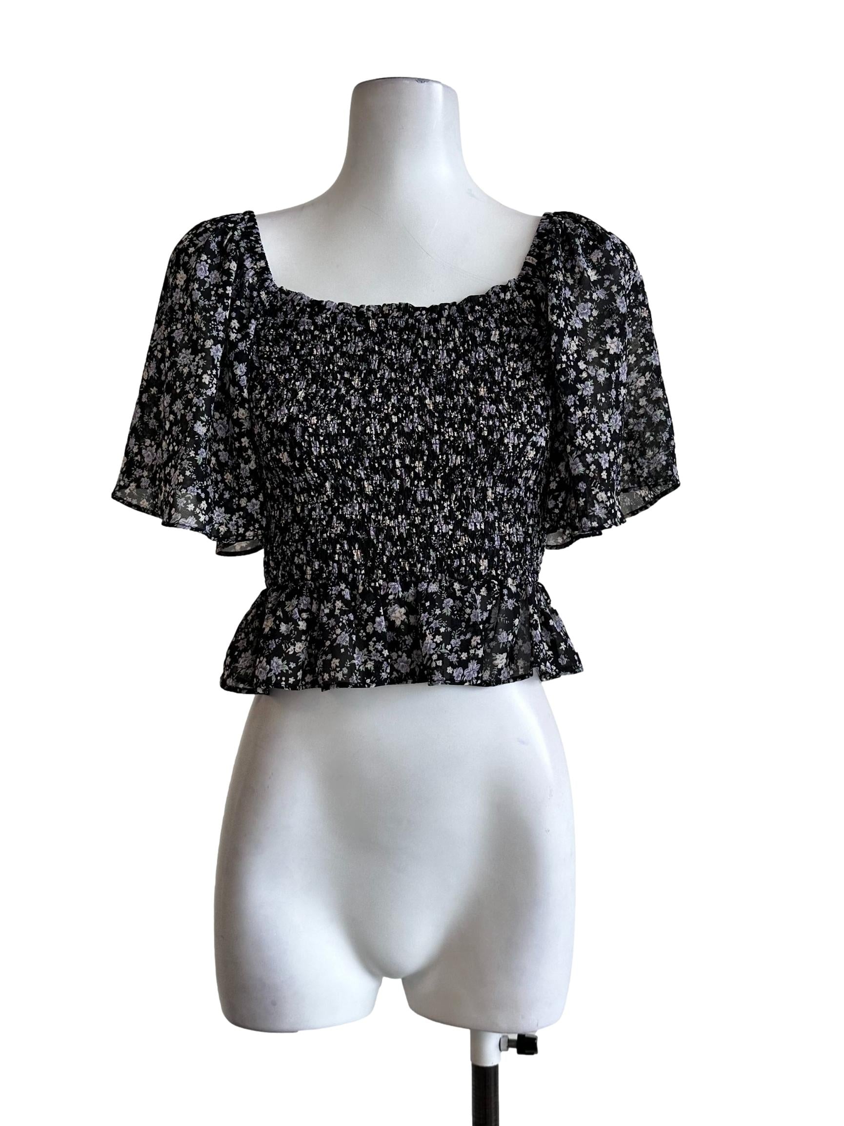 Black Smocked Flower Pattern Top