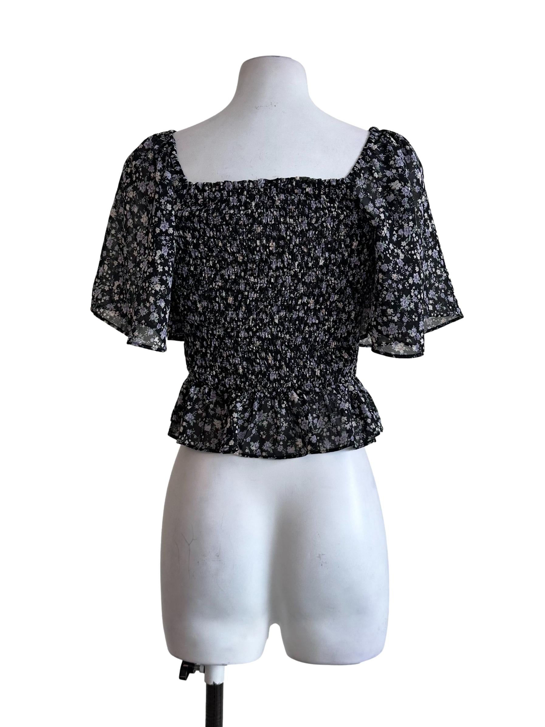 Black Smocked Flower Pattern Top