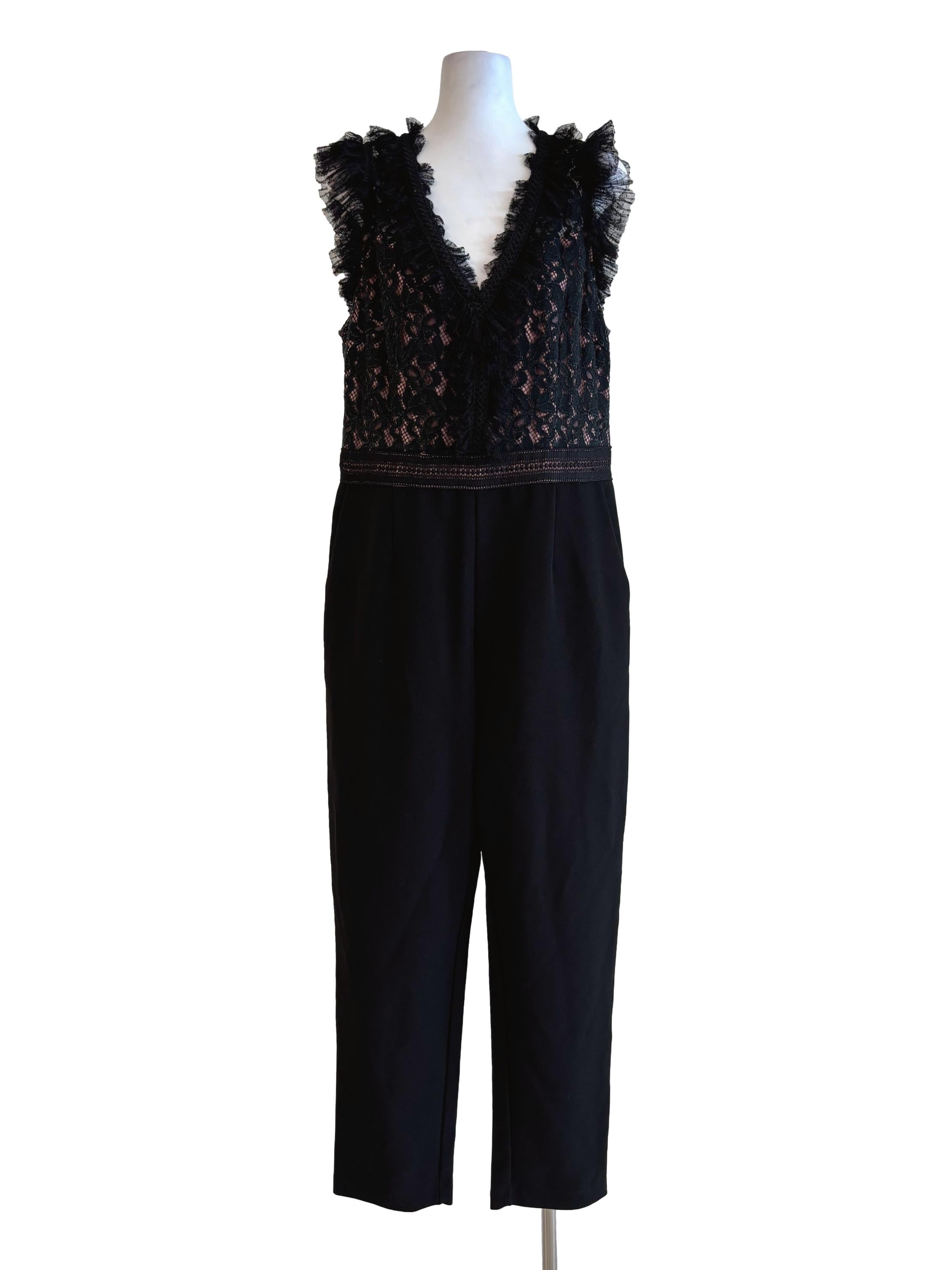 Rich Black Sleeveless Lace Ruffle Jumpsuit