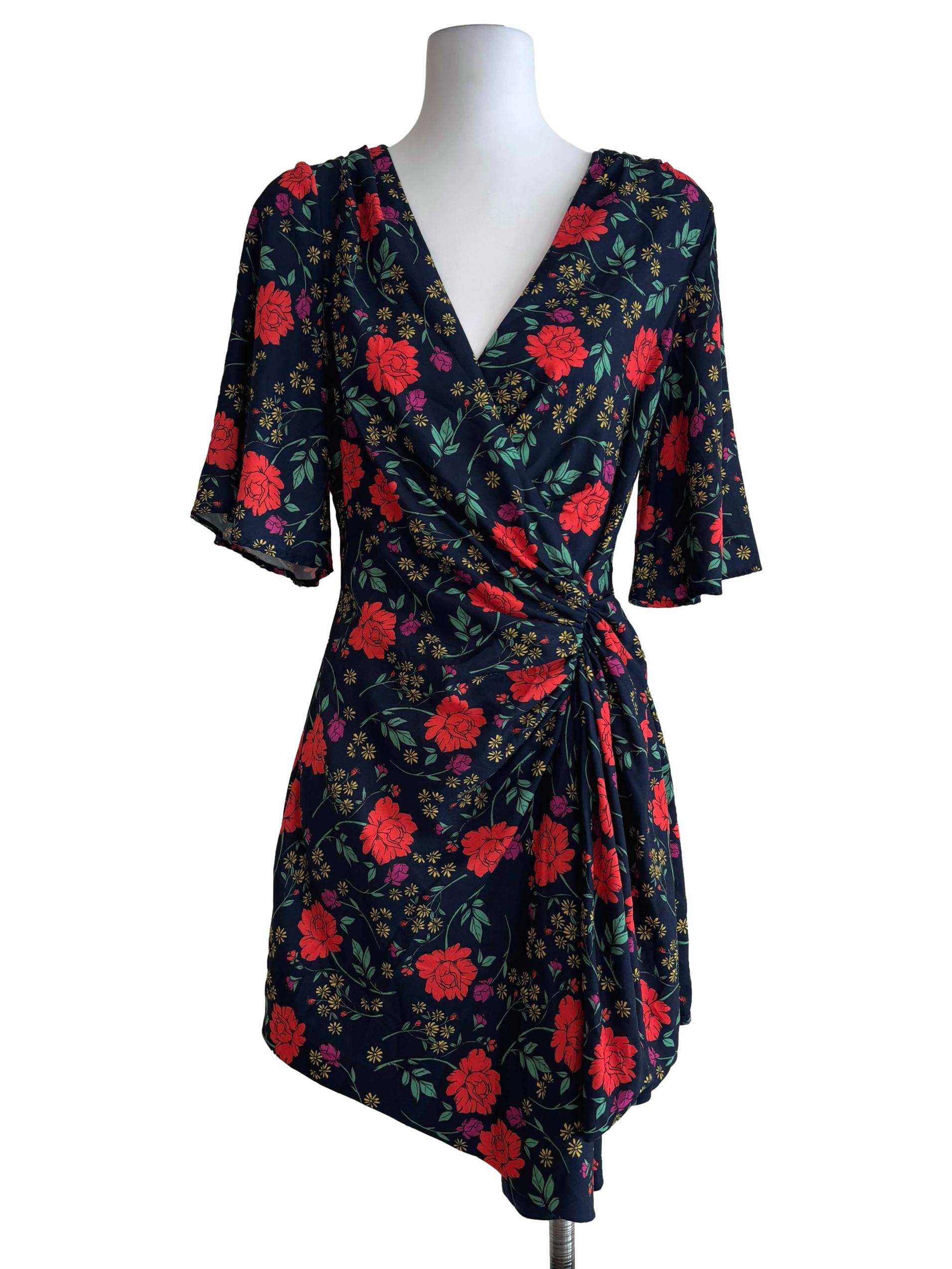 Navy Blue Rose Print Ruched Dress