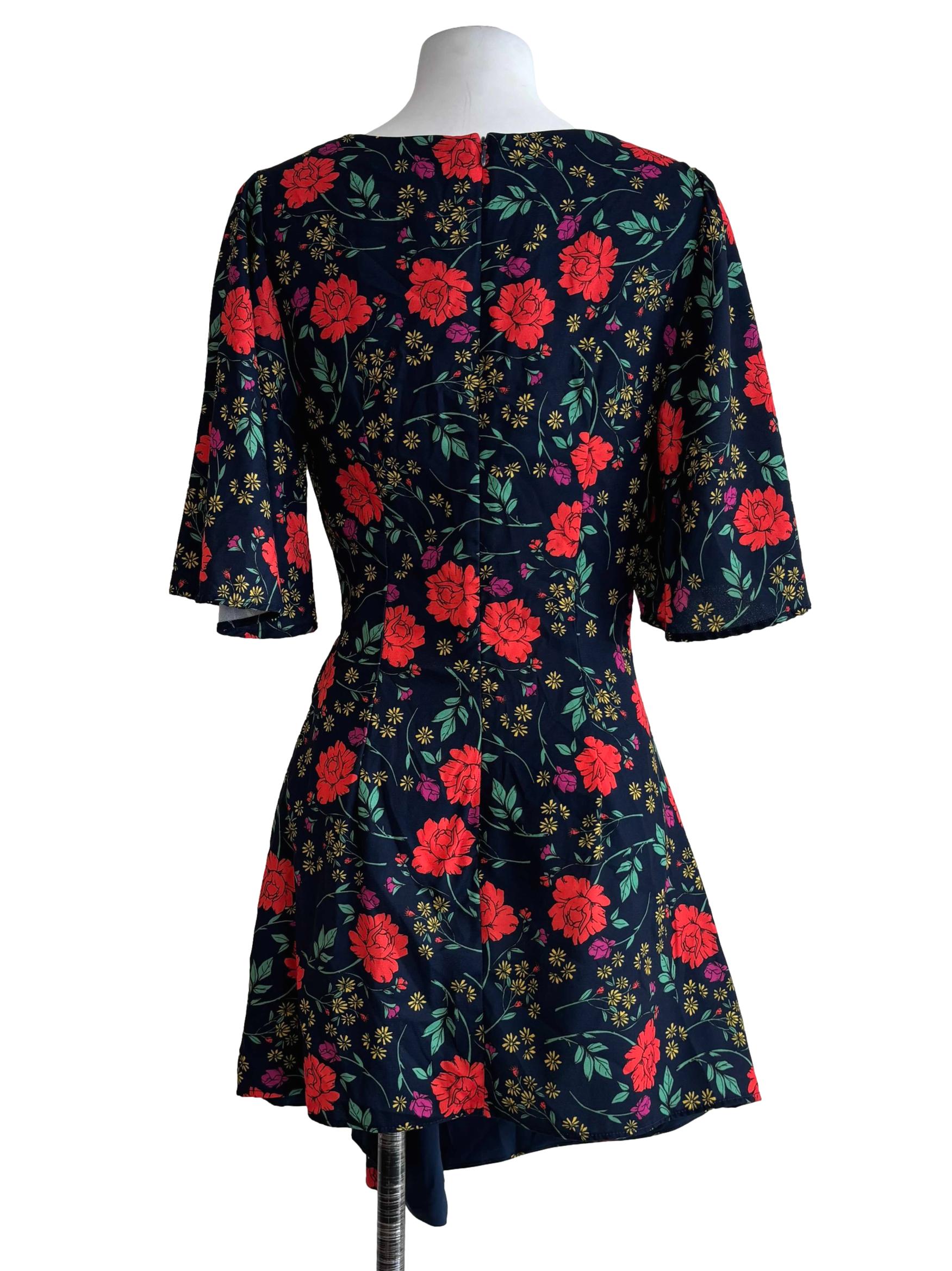Navy Blue Rose Print Ruched Dress
