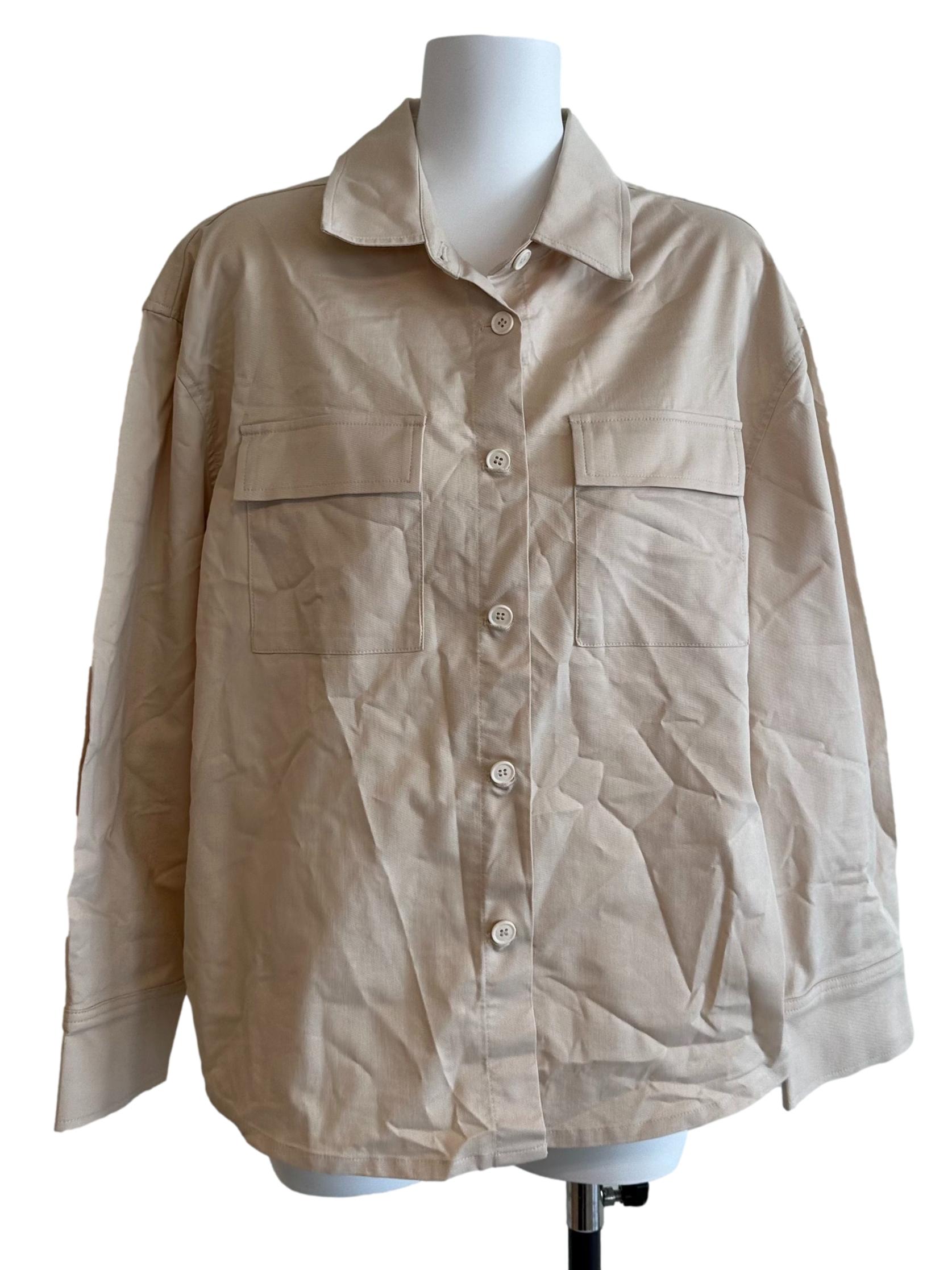 Sand Beige Collar Button Long Sleeve Top
