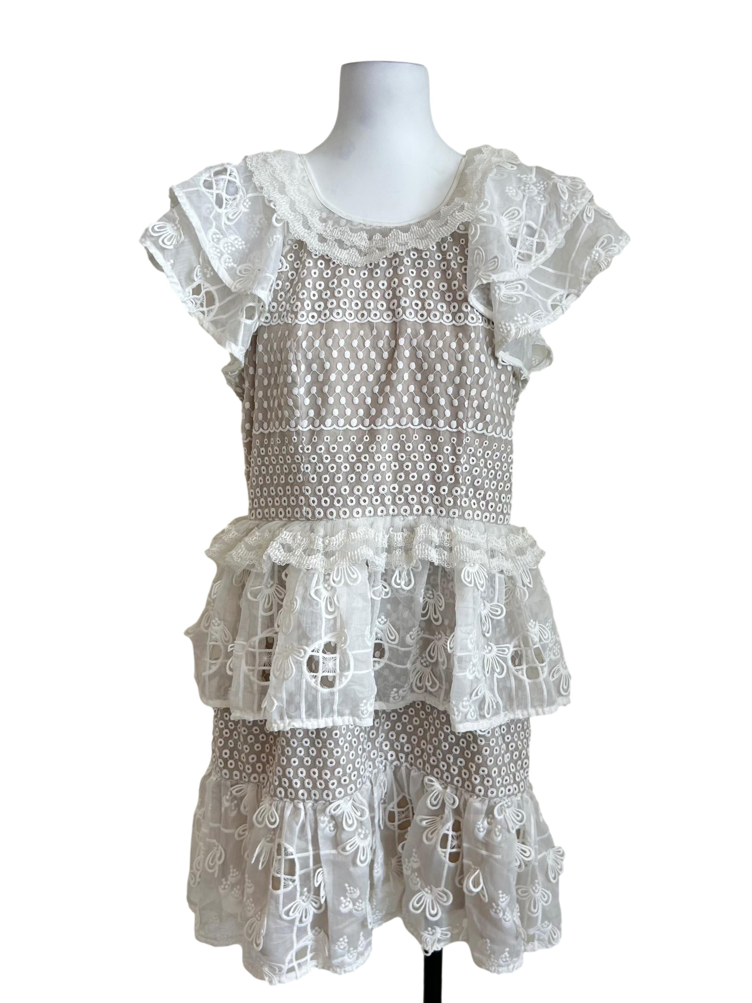 White Lace Embroidered Tiered Dress