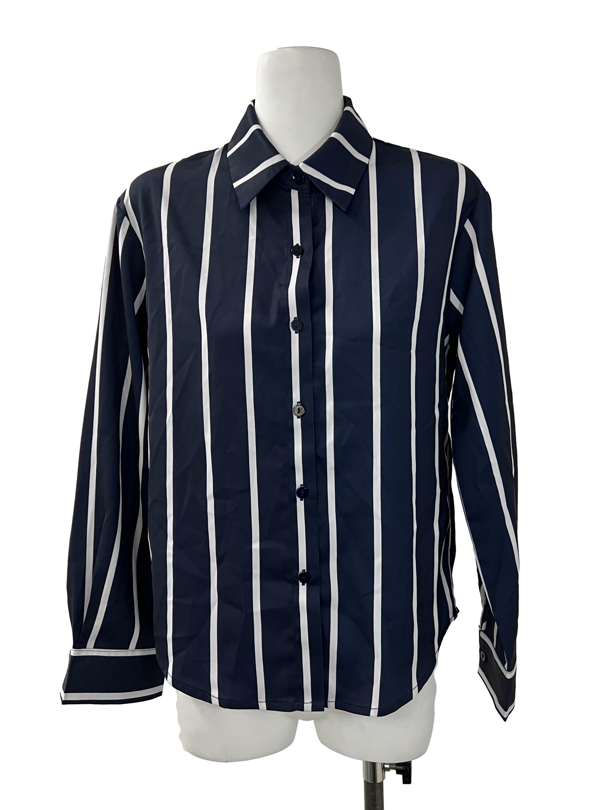 Navy Blue Striped Button Down Shirt