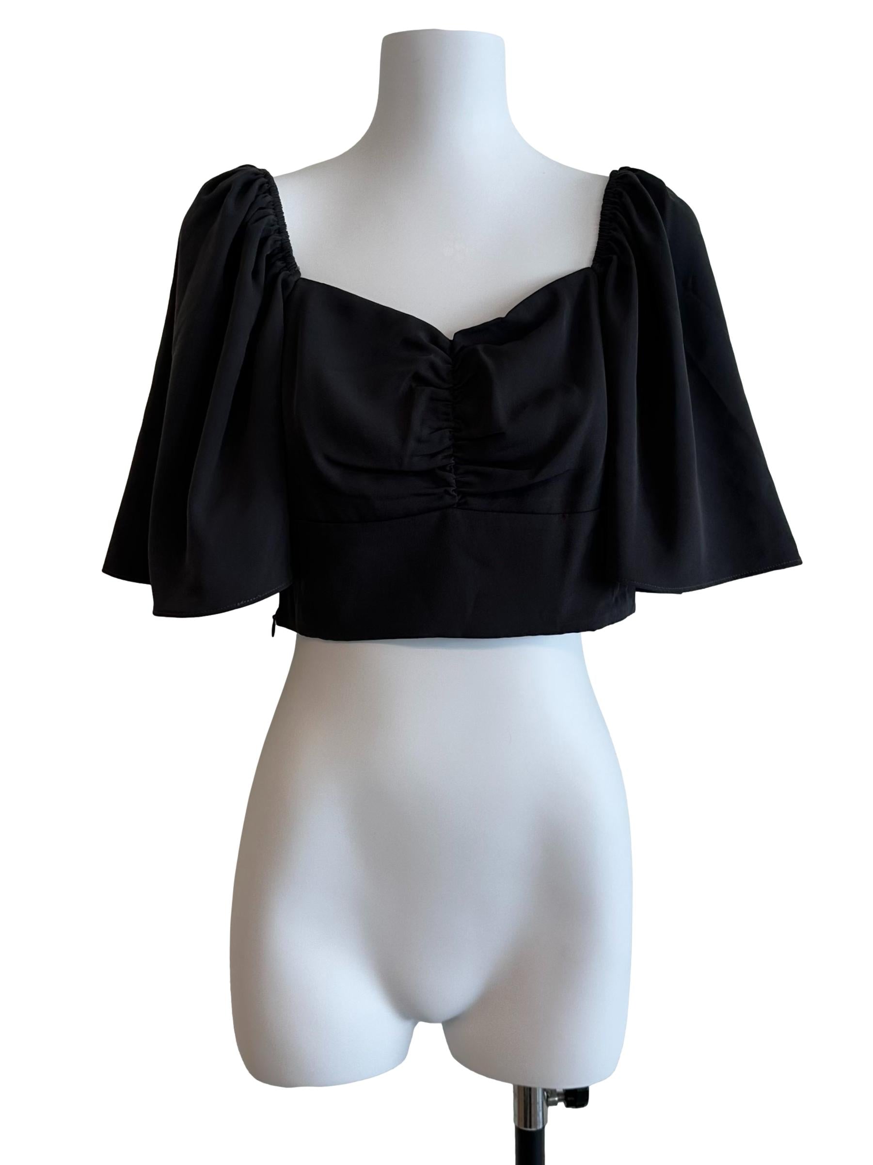 Charcoal Grey Ruched Flare Sleeve Blouse