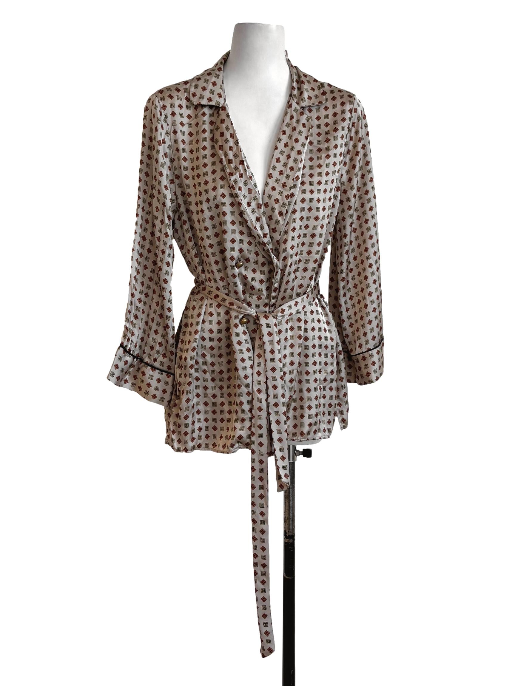 Beige Brick Print Satin Pajamas