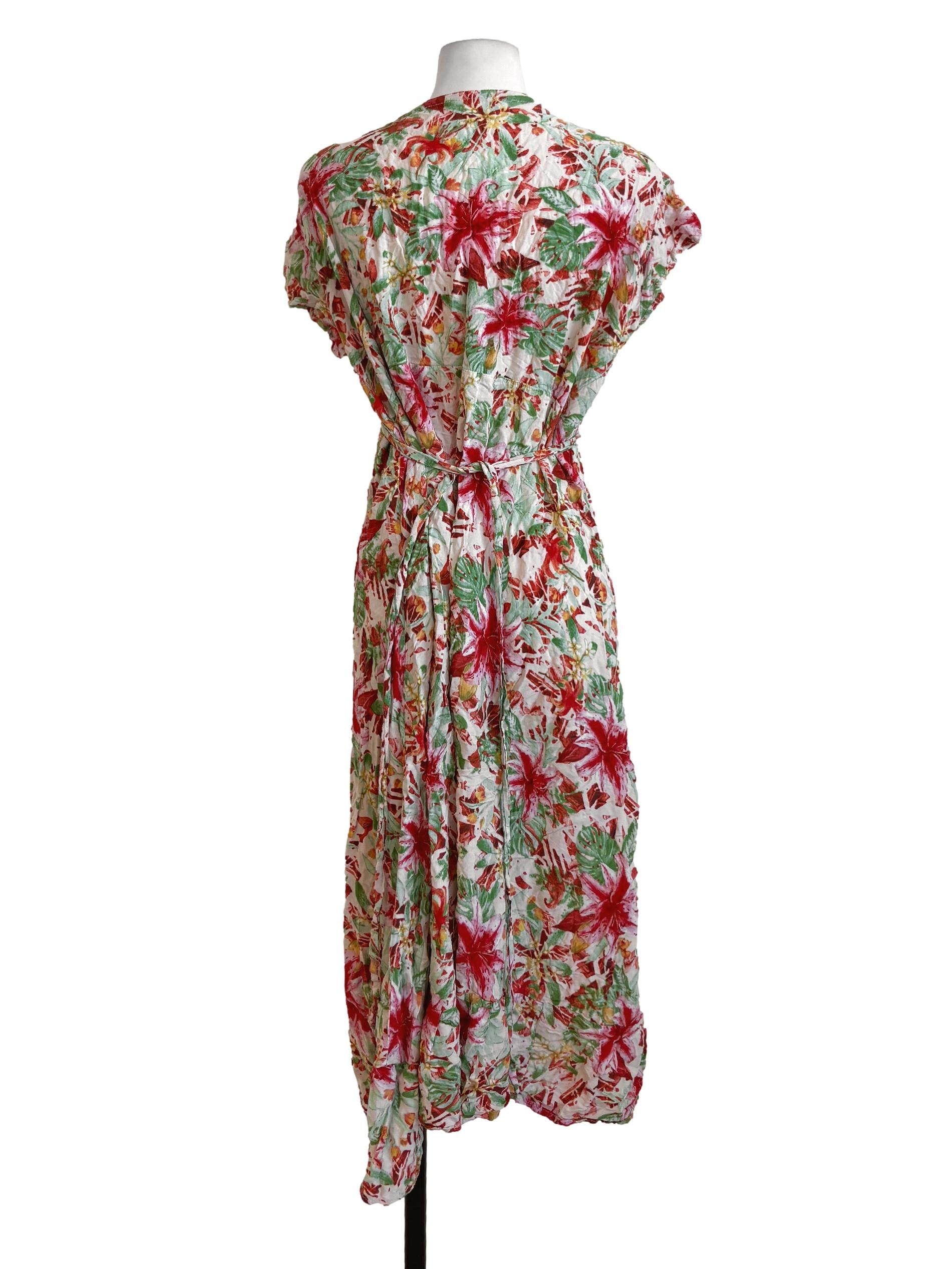 Green Red Floral Wrap Dress