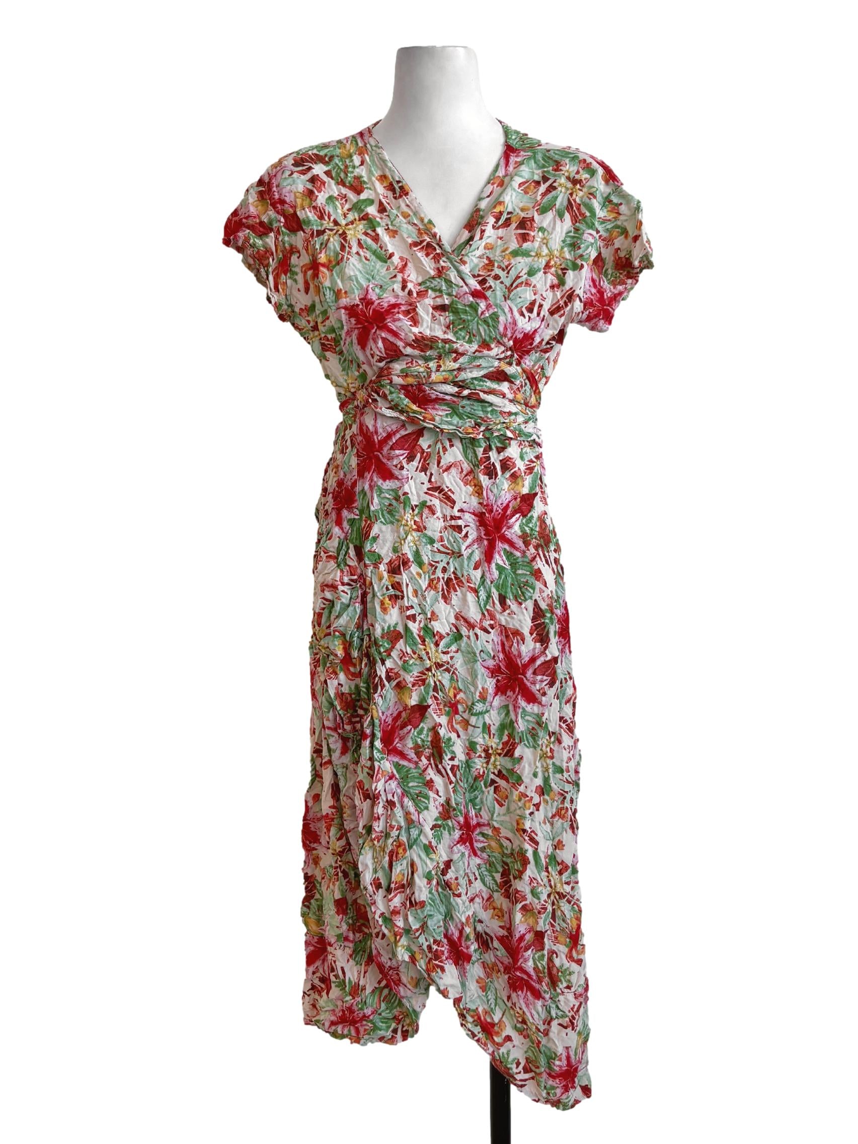 Green Red Floral Wrap Dress