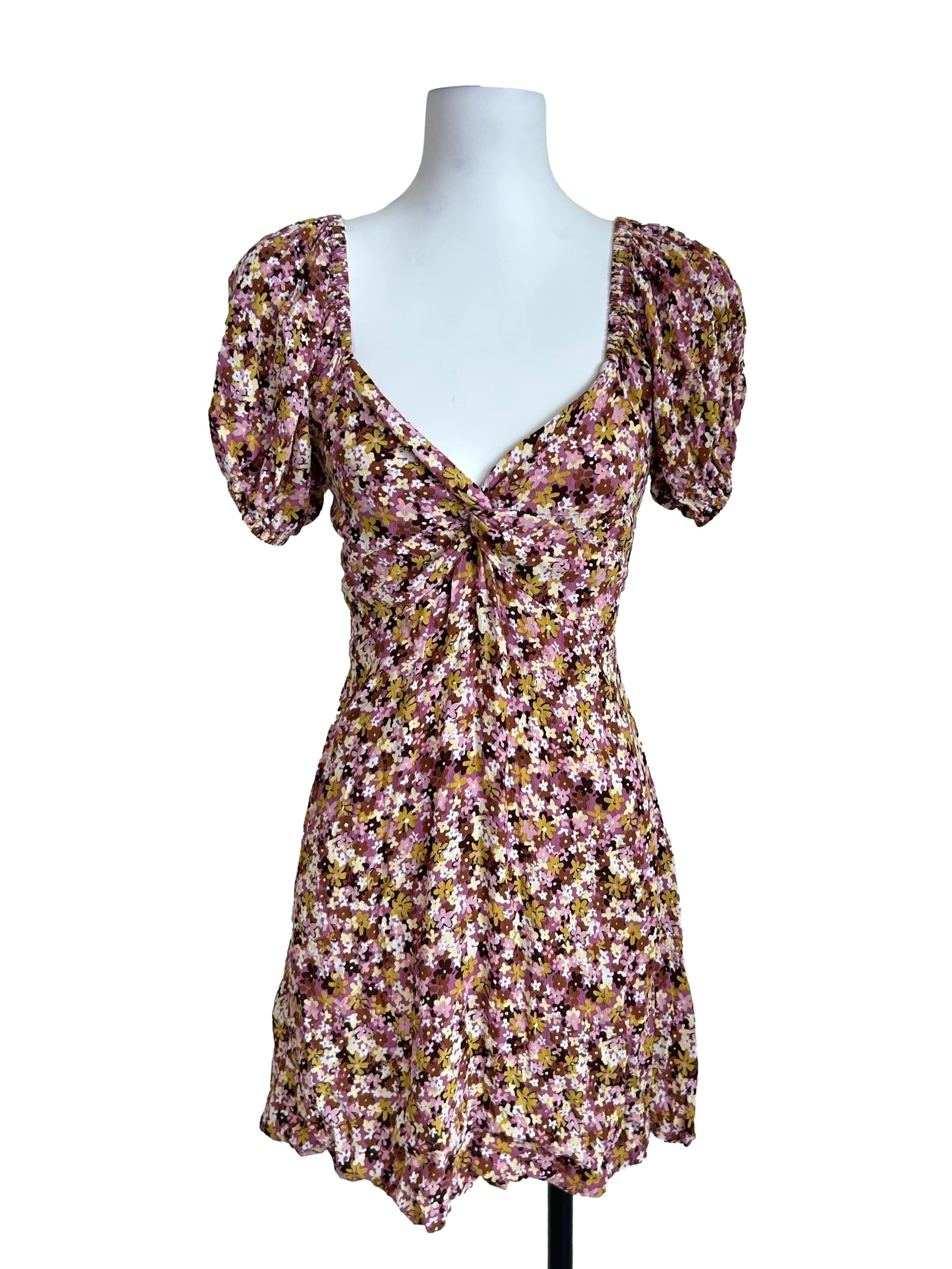 Brown Floral Twisted Bust Dress