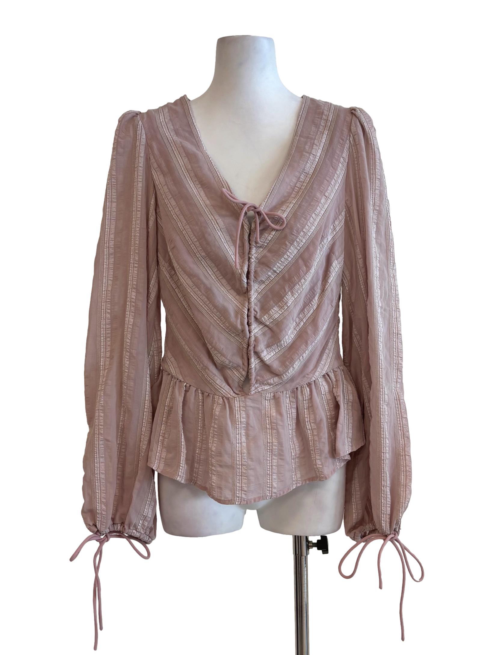 Dusty Rose Long Sleeve Striped Peplum Blouse