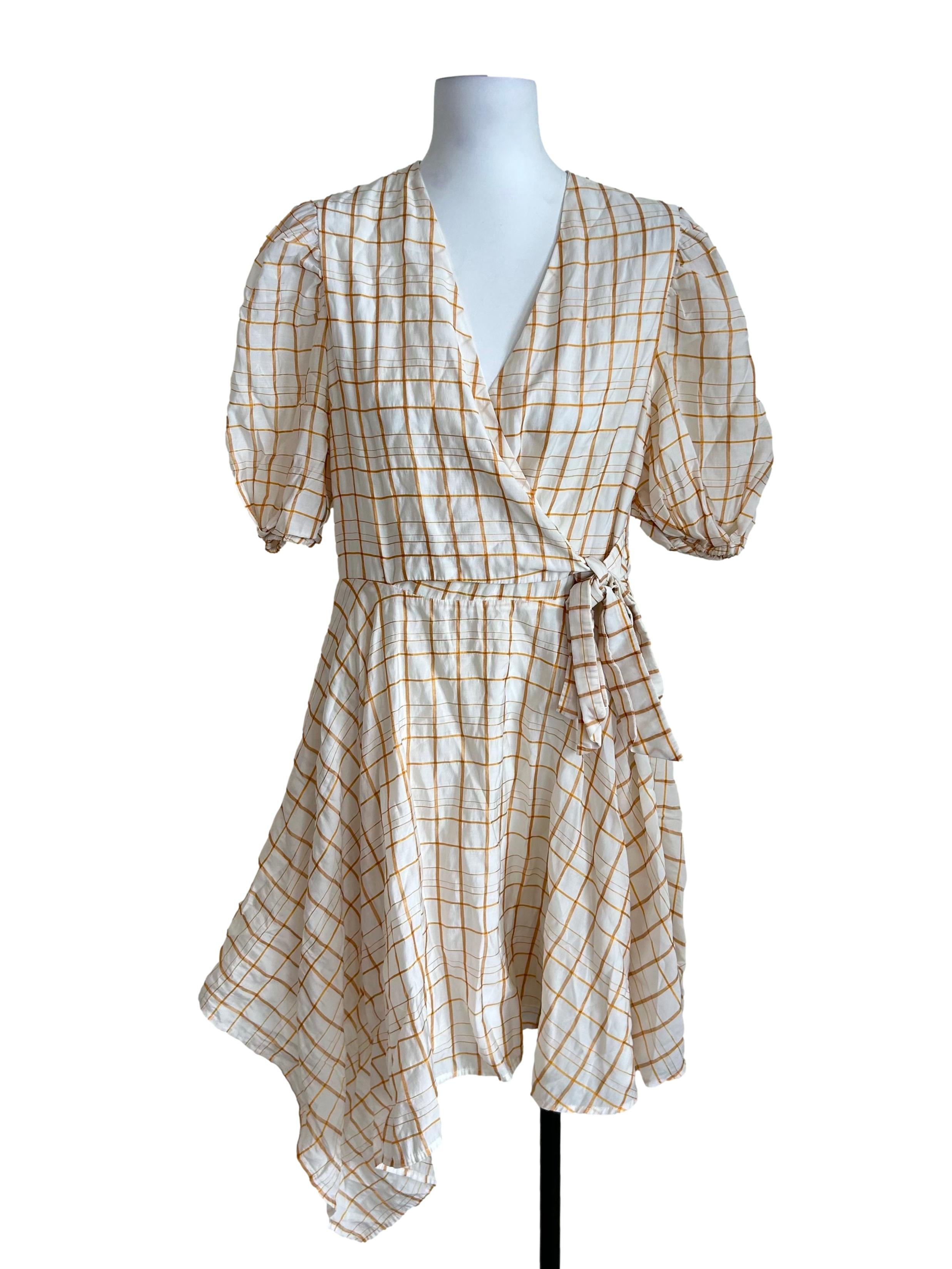 White Orange Grid Wrap Dress