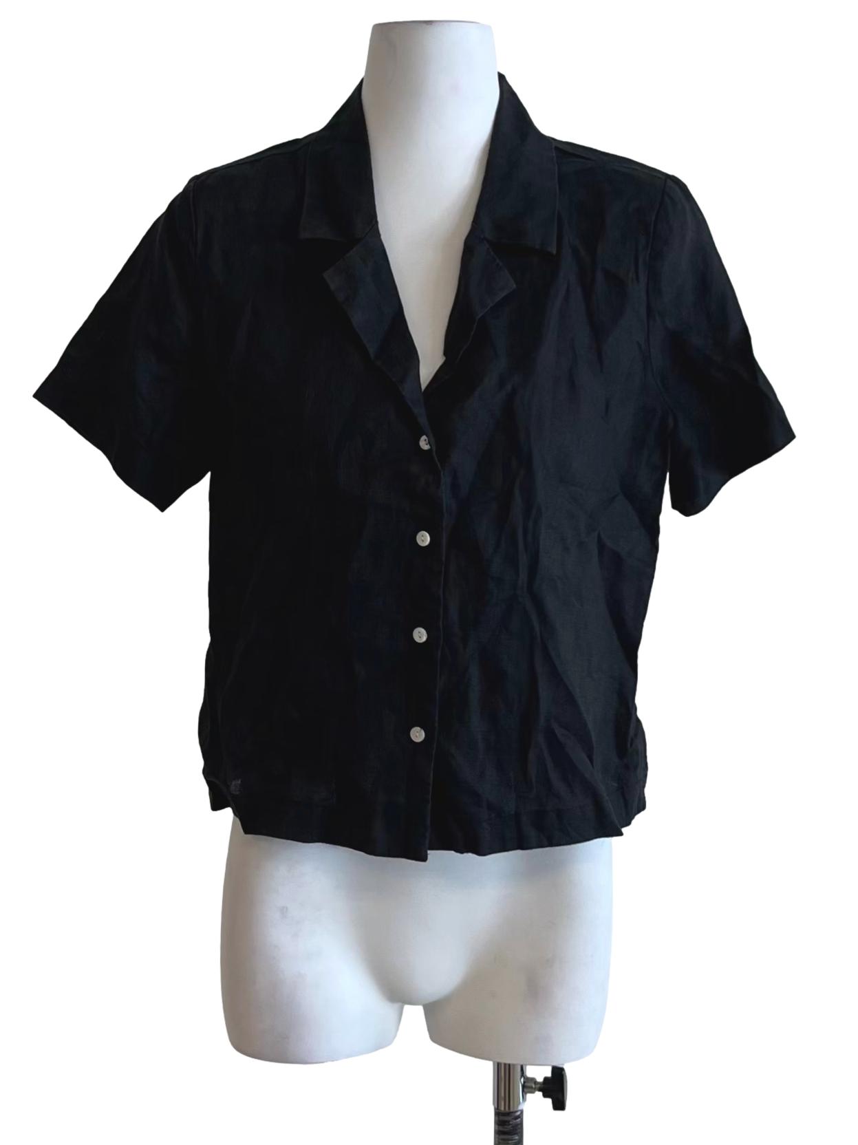 Black Wing Neckline Button-Down Blouse