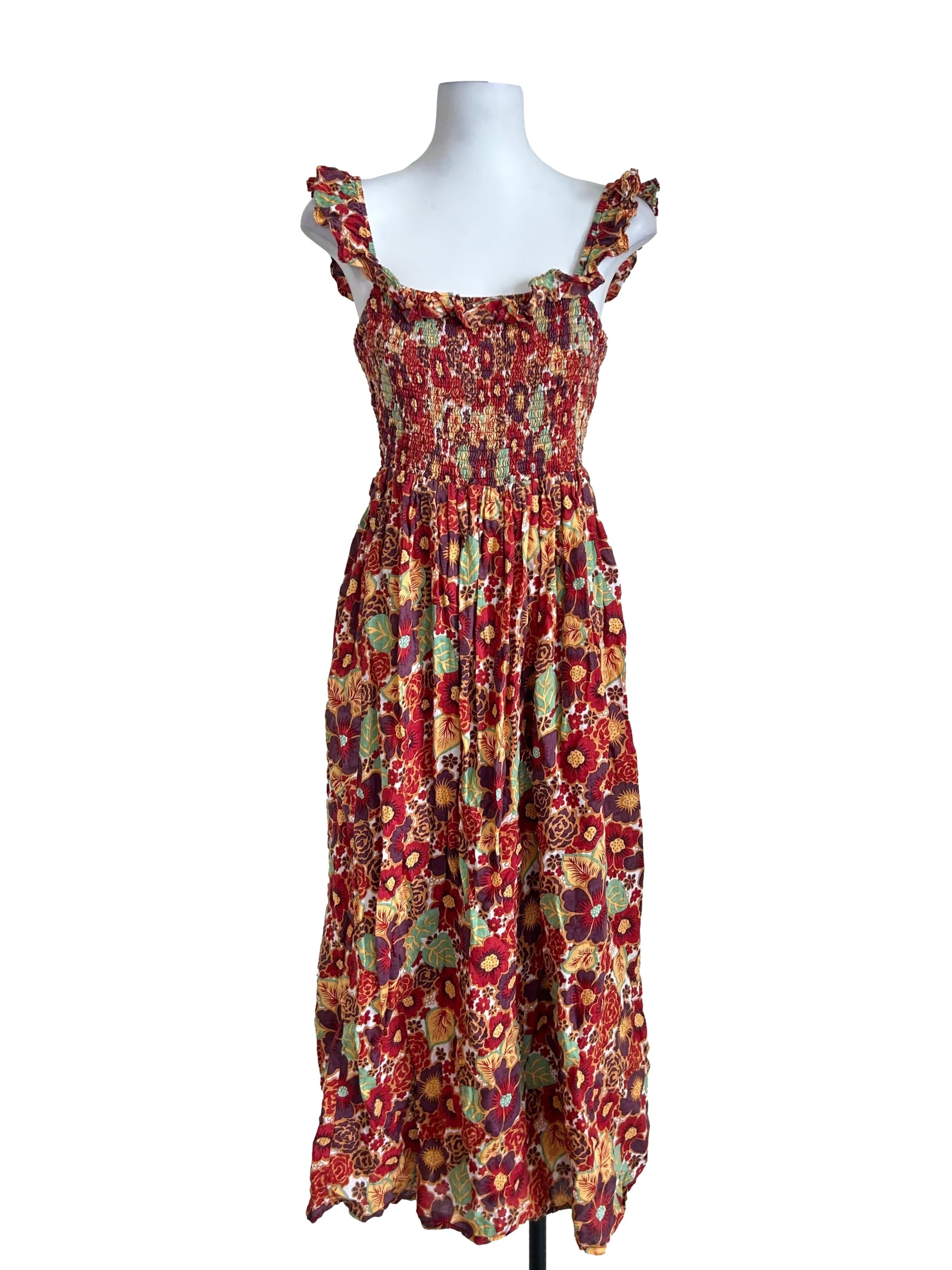 Red Floral Smocked Maxi Dress