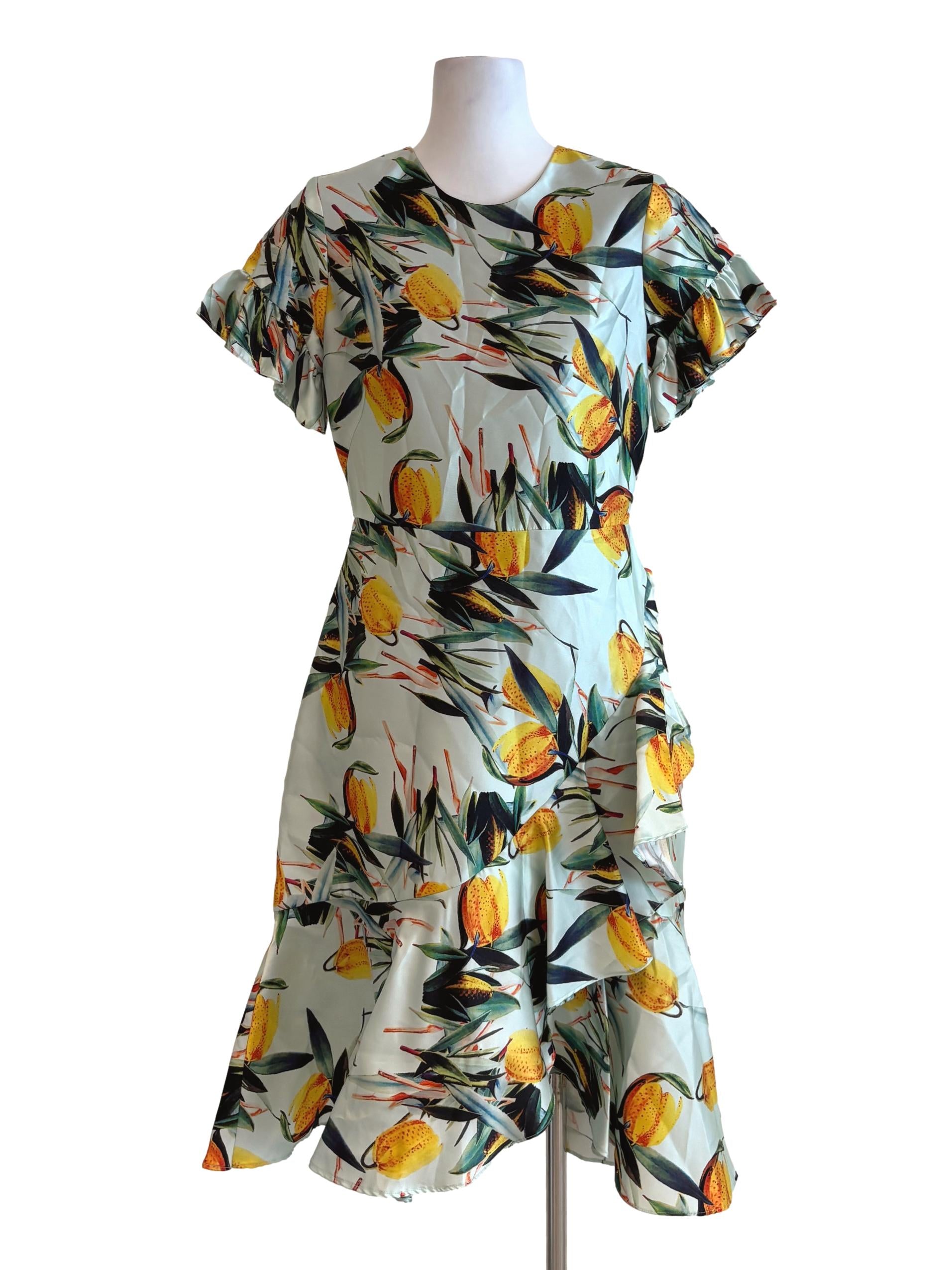 Mint Green Tropical Print Ruffle Dress