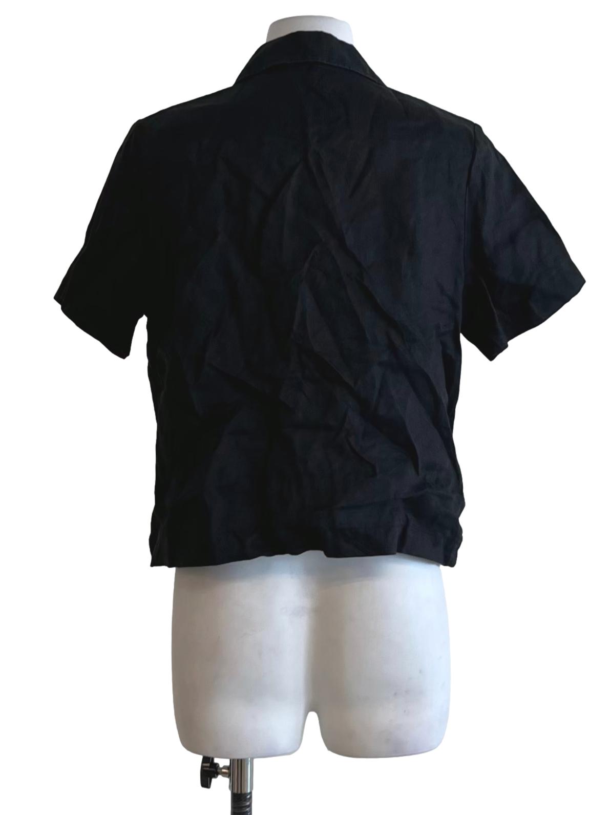 Black Wing Neckline Button-Down Blouse