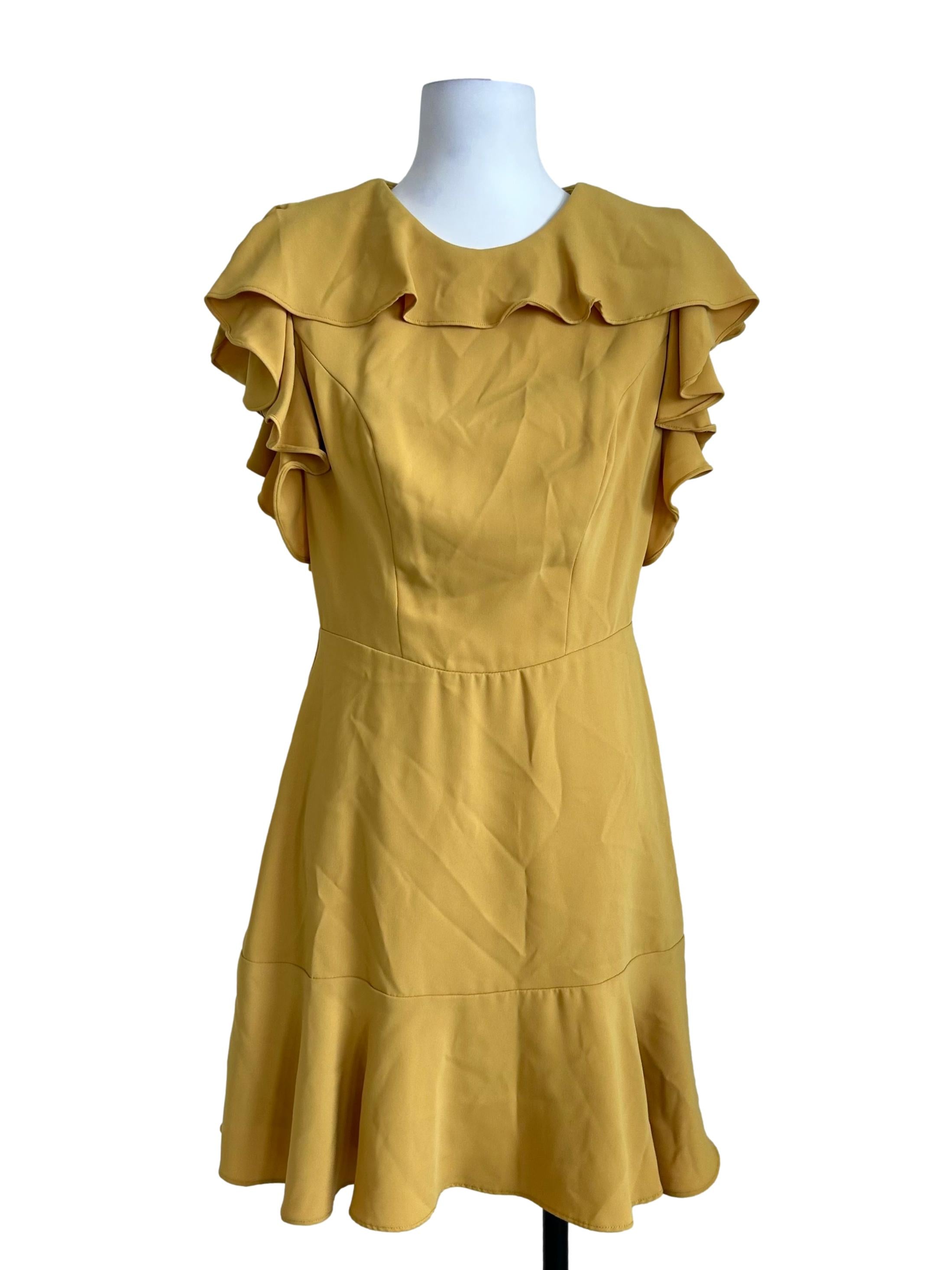 Mustard Yellow Ruffled Shoulder Mini Dress
