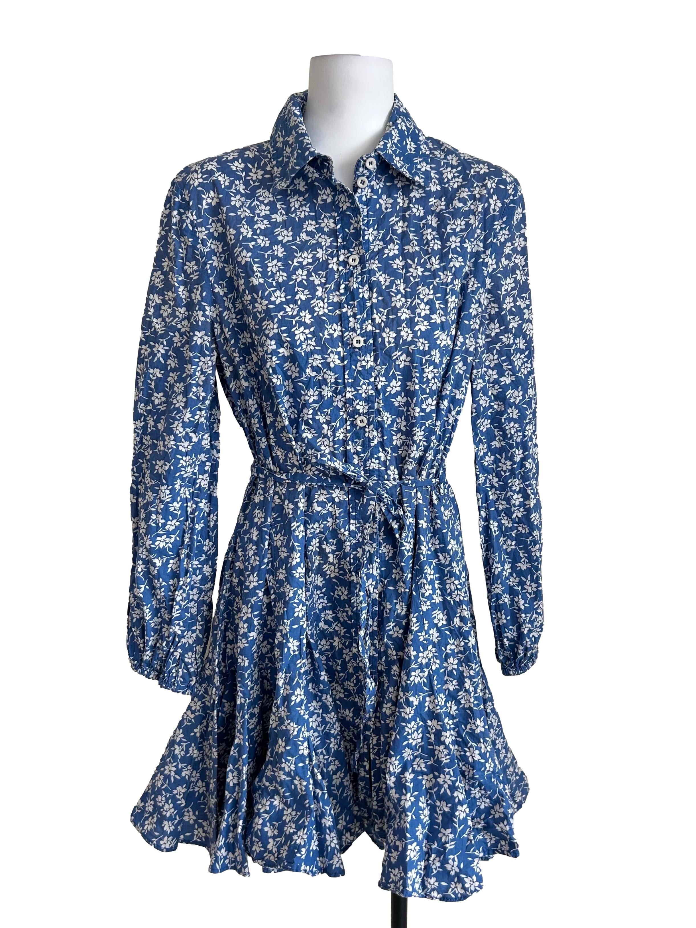 Blue Floral Belted Mini Dress