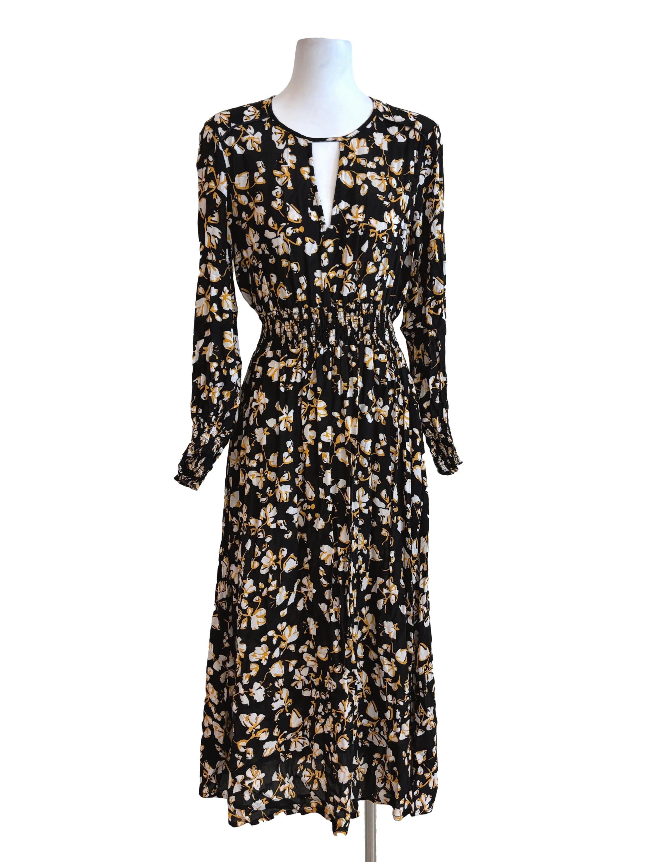Jet Black White Floral Print A-Line Dress