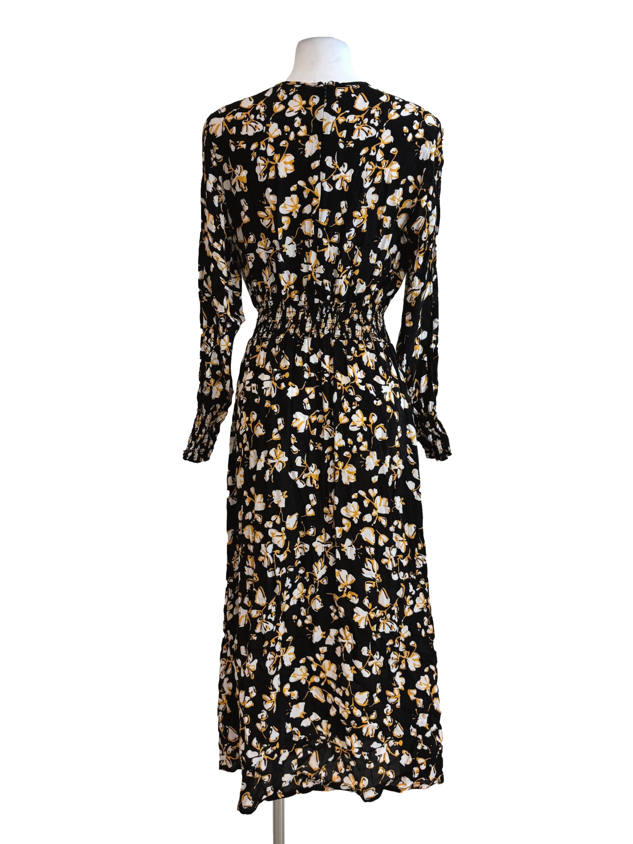 Jet Black White Floral Print A-Line Dress