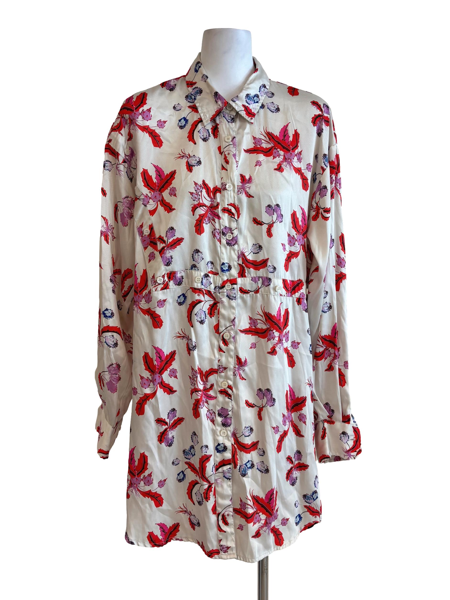 Pearl White Printed Buttoned Satin Dress