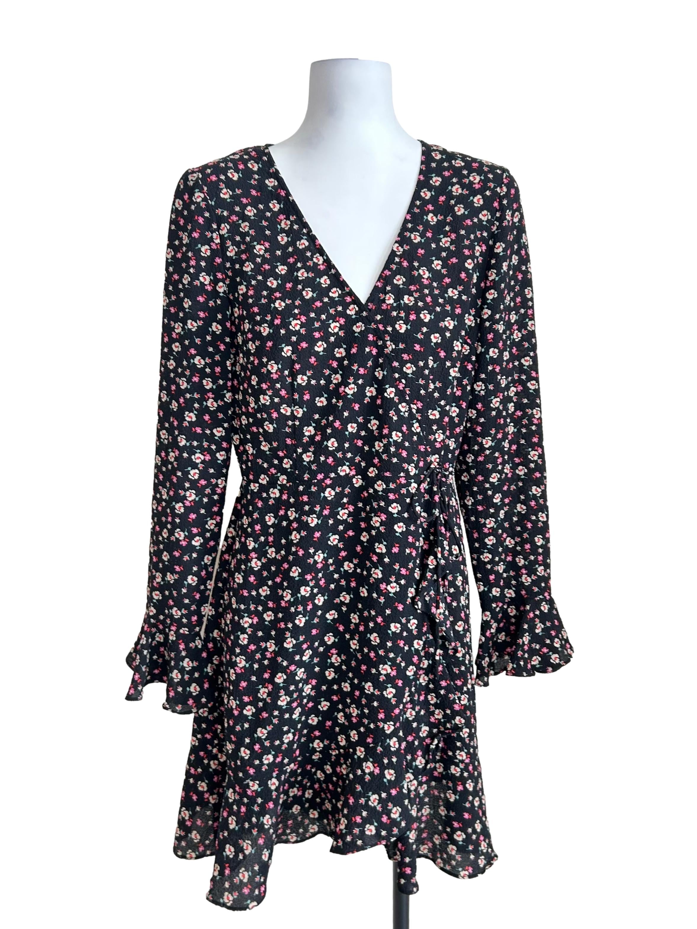 Black Mini Floral Wrap Dress