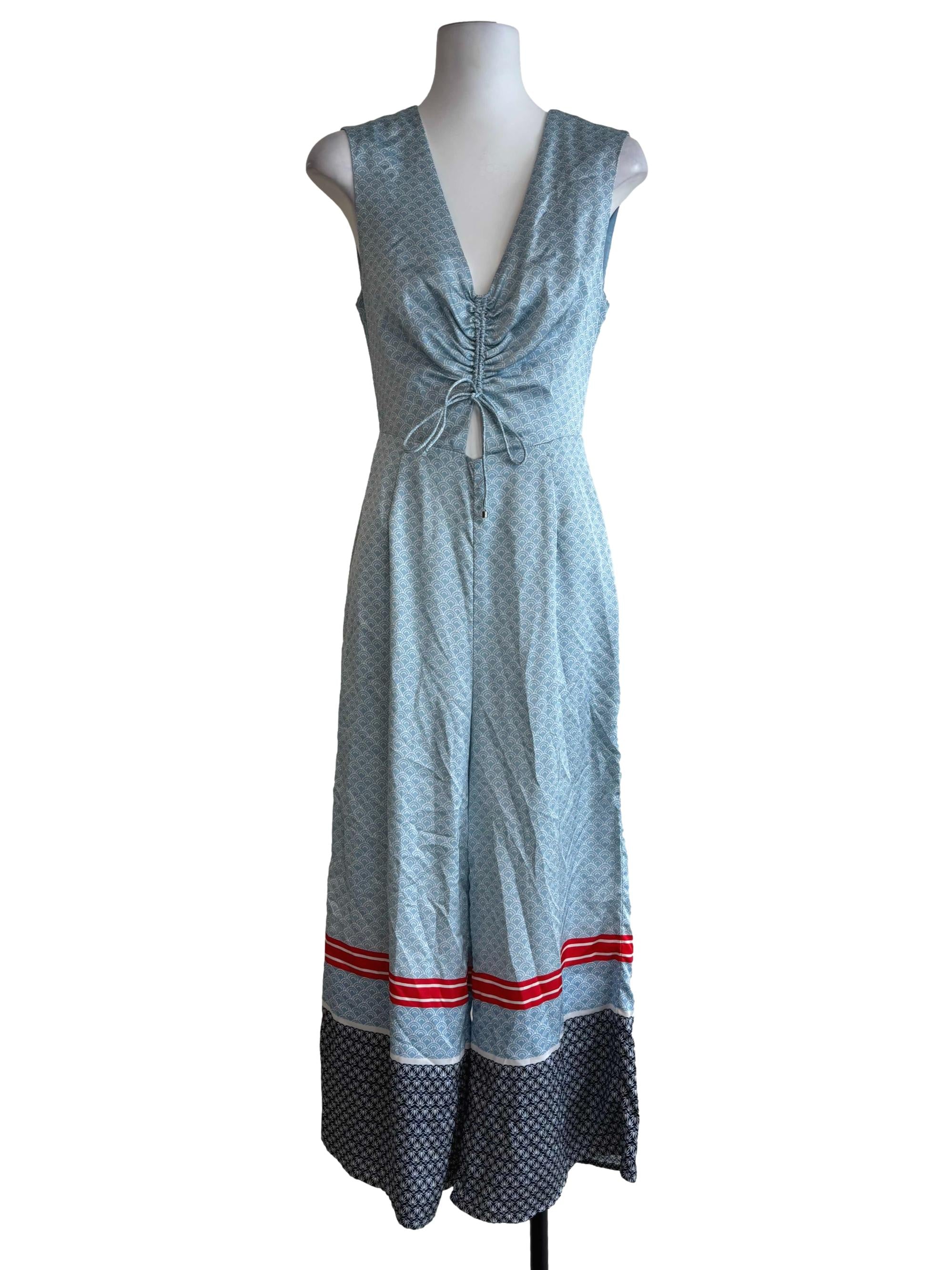 Sky Blue Patterned Satin Jumpsuit