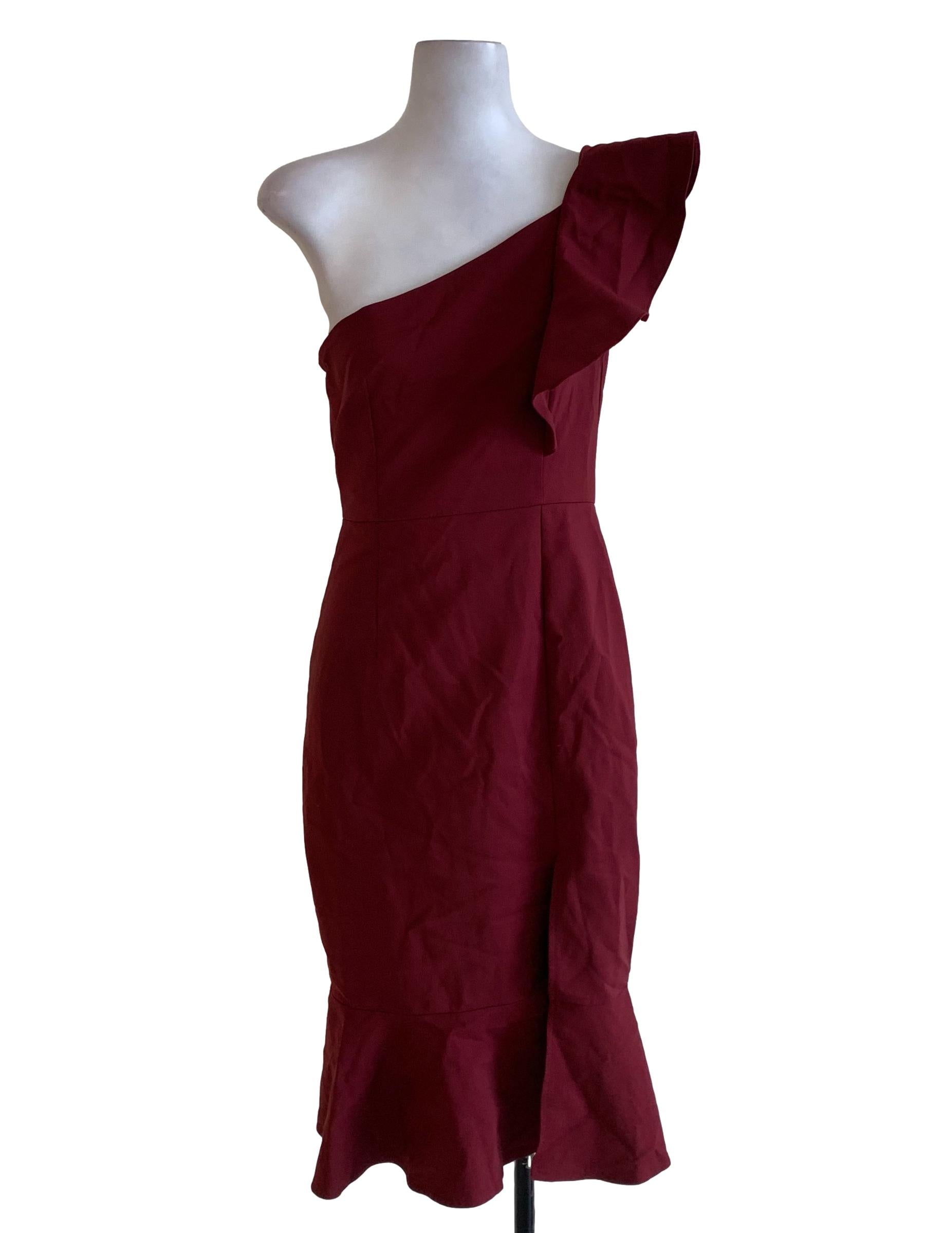 Burgundy Asymmetrical Neckline Sheath Dress
