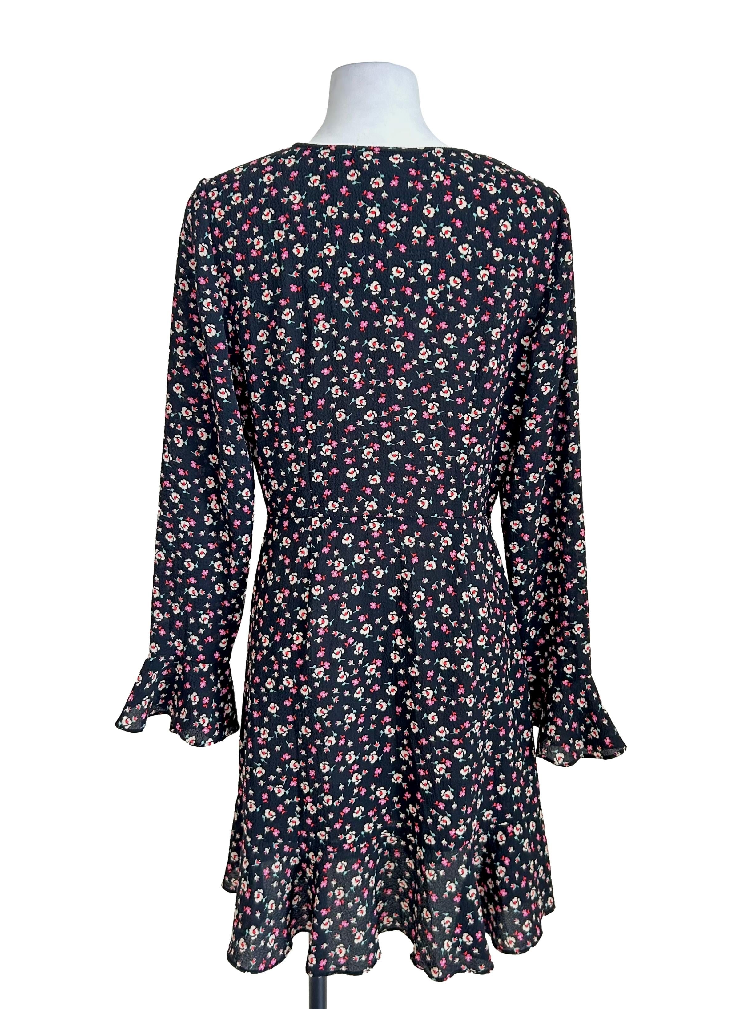Black Mini Floral Wrap Dress