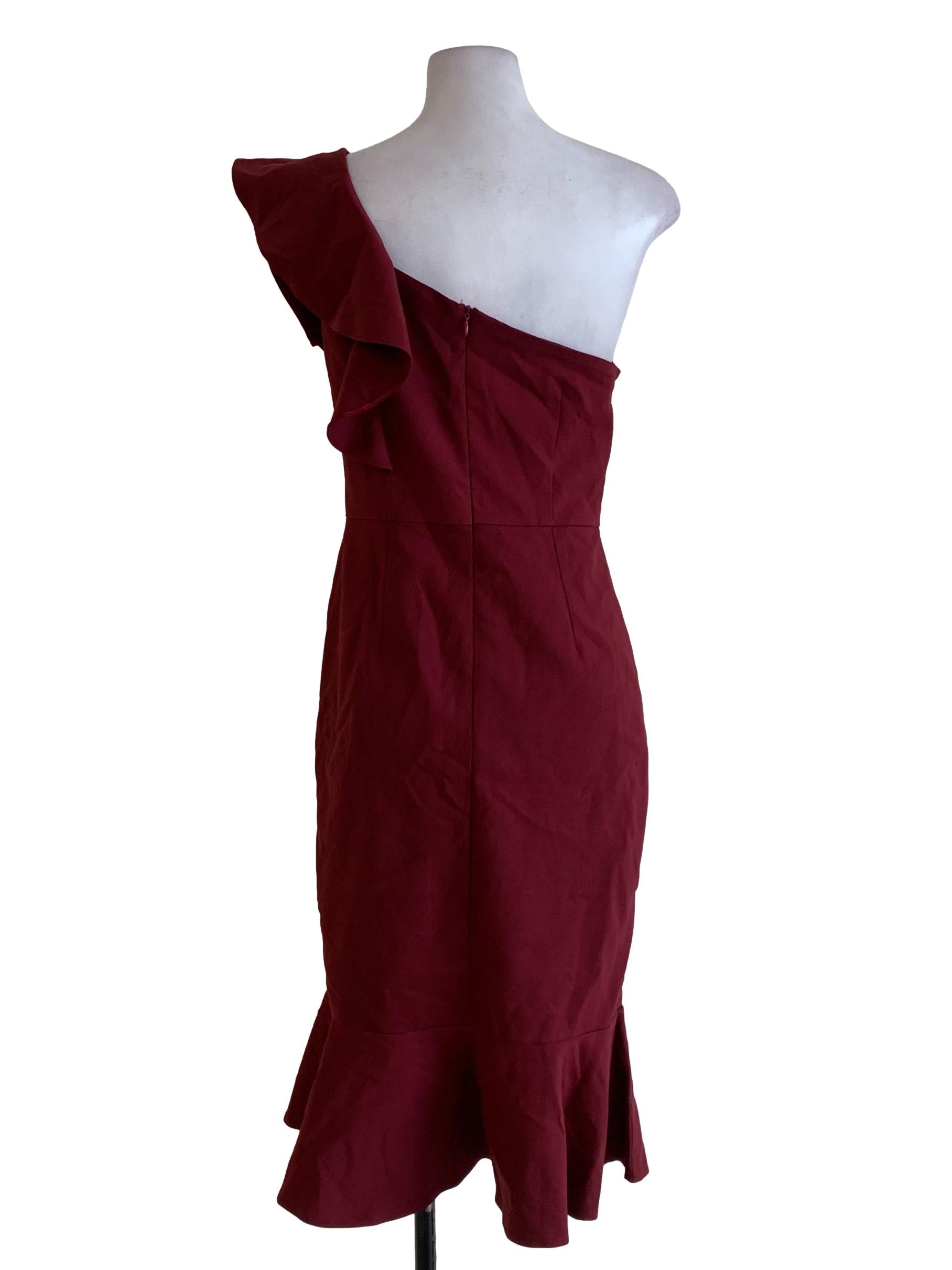 Burgundy Asymmetrical Neckline Sheath Dress