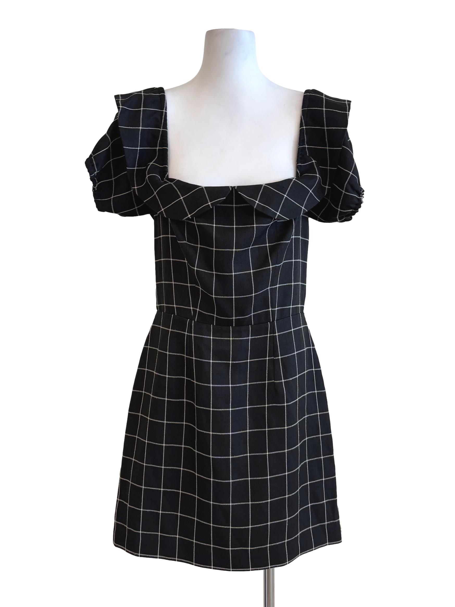 Jet Black Checkered A-Line Dress