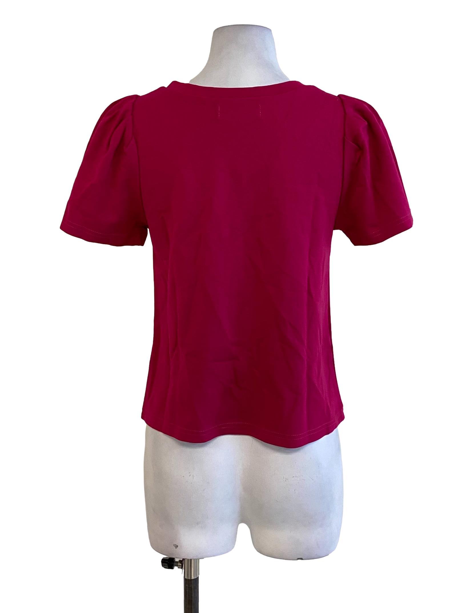 Hot Pink Plain V-Neck Short Sleeved Top