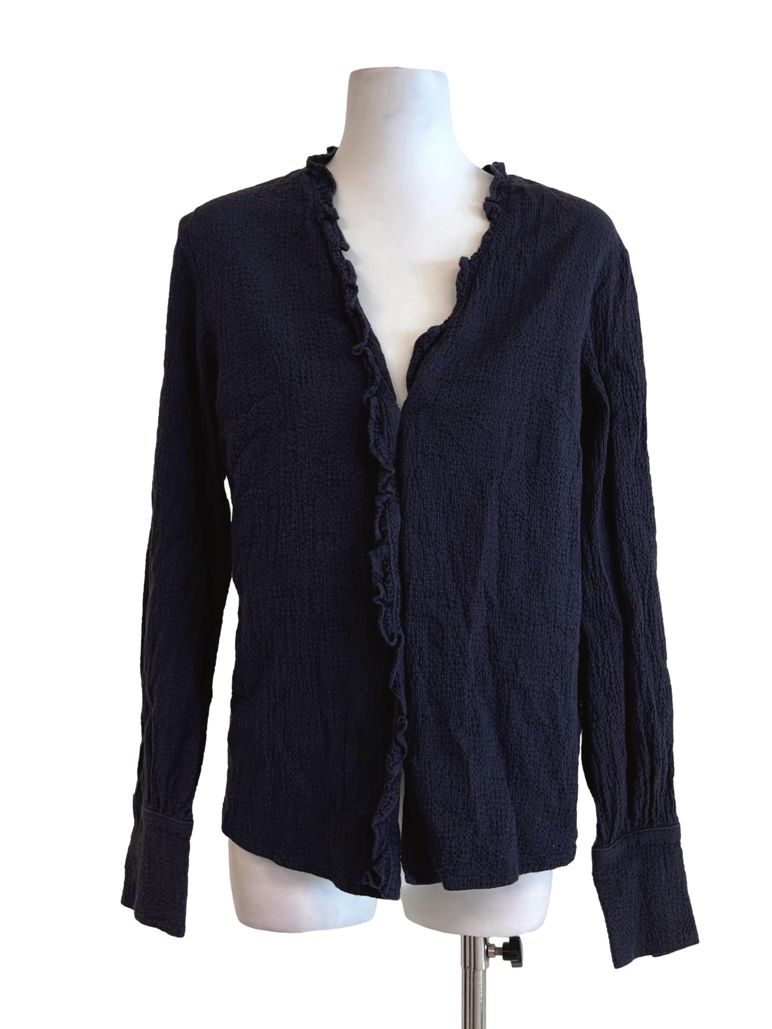 Navy Blue Textured Cotton Buttoned Blouse