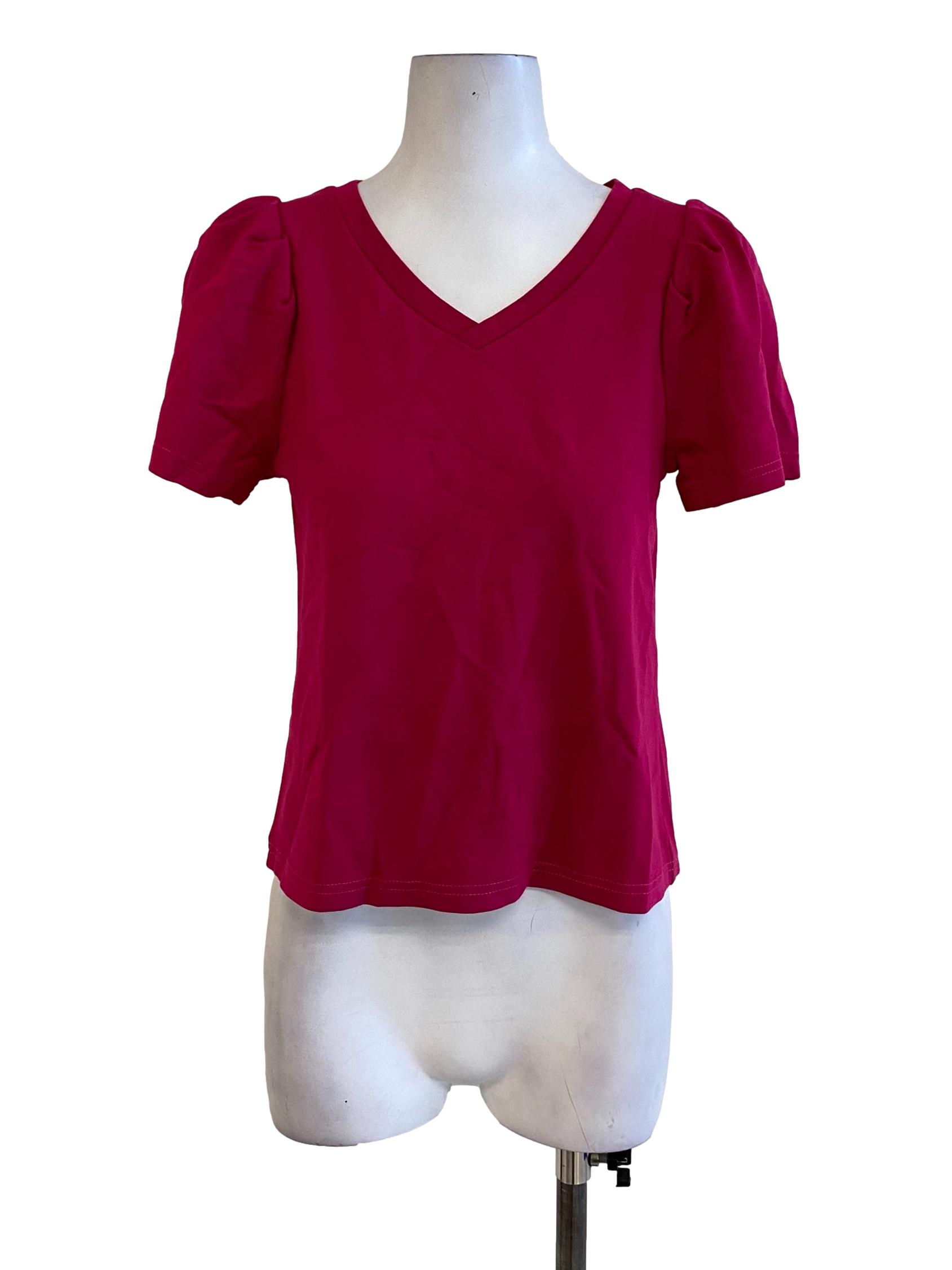Hot Pink Plain V-Neck Short Sleeved Top