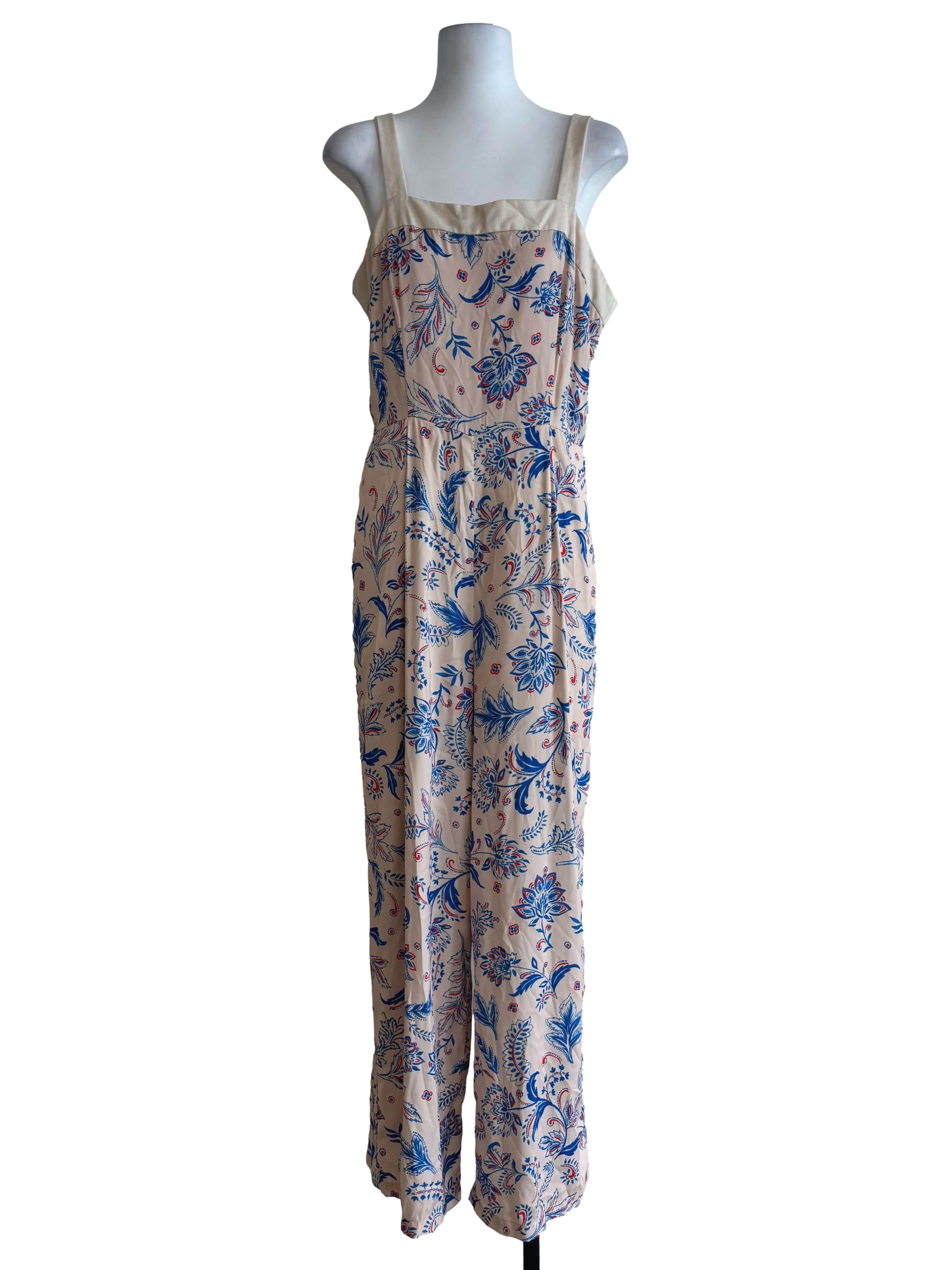 Beige Blue Patterned Apron Neck Jumpsuit
