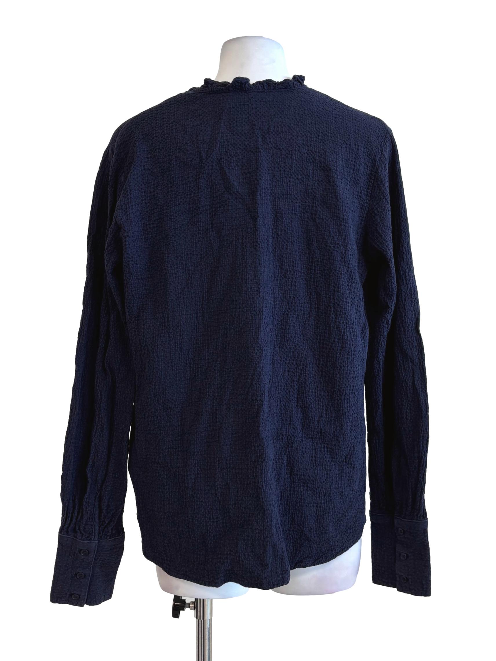 Navy Blue Textured Cotton Buttoned Blouse
