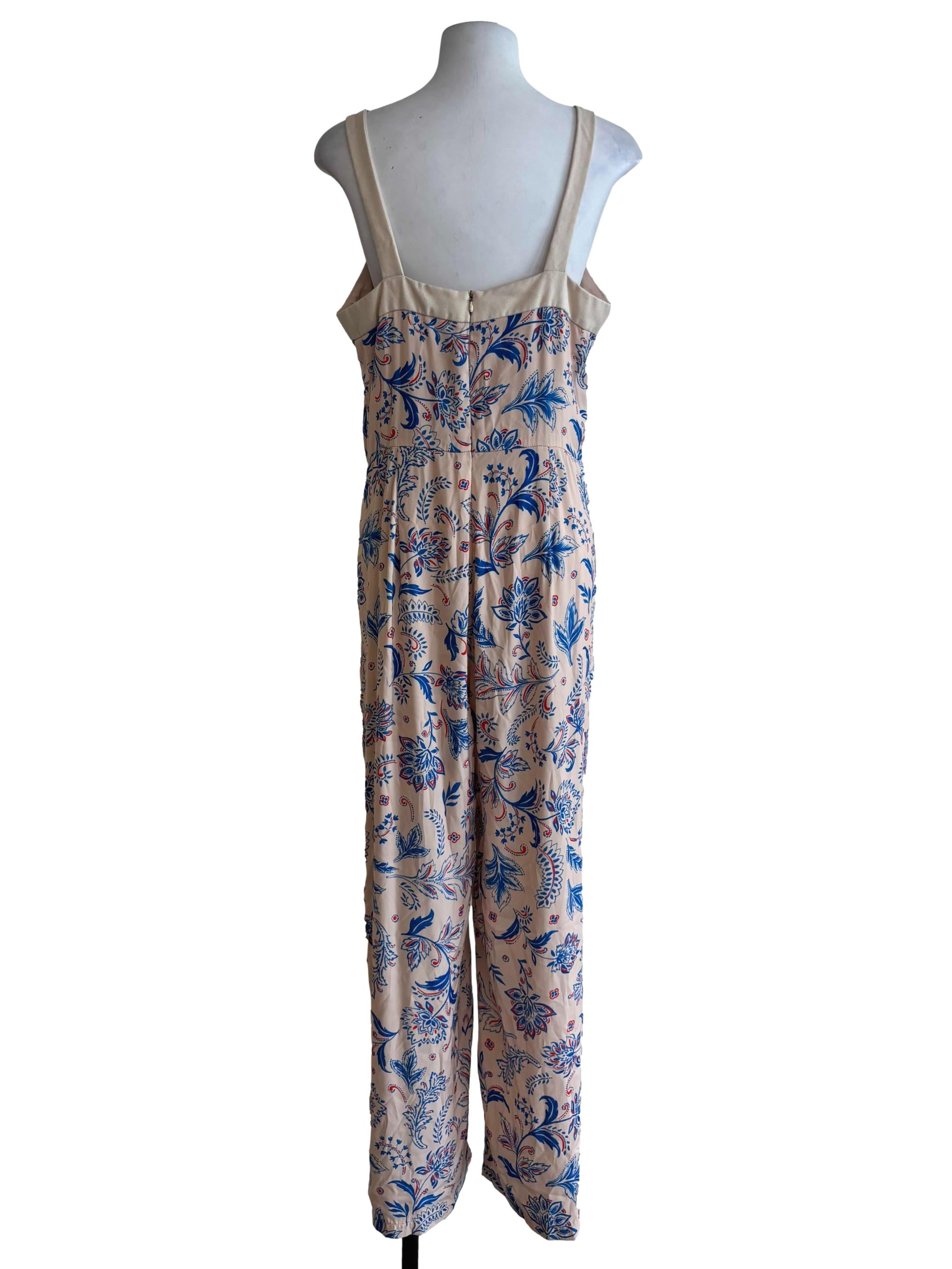 Beige Blue Patterned Apron Neck Jumpsuit