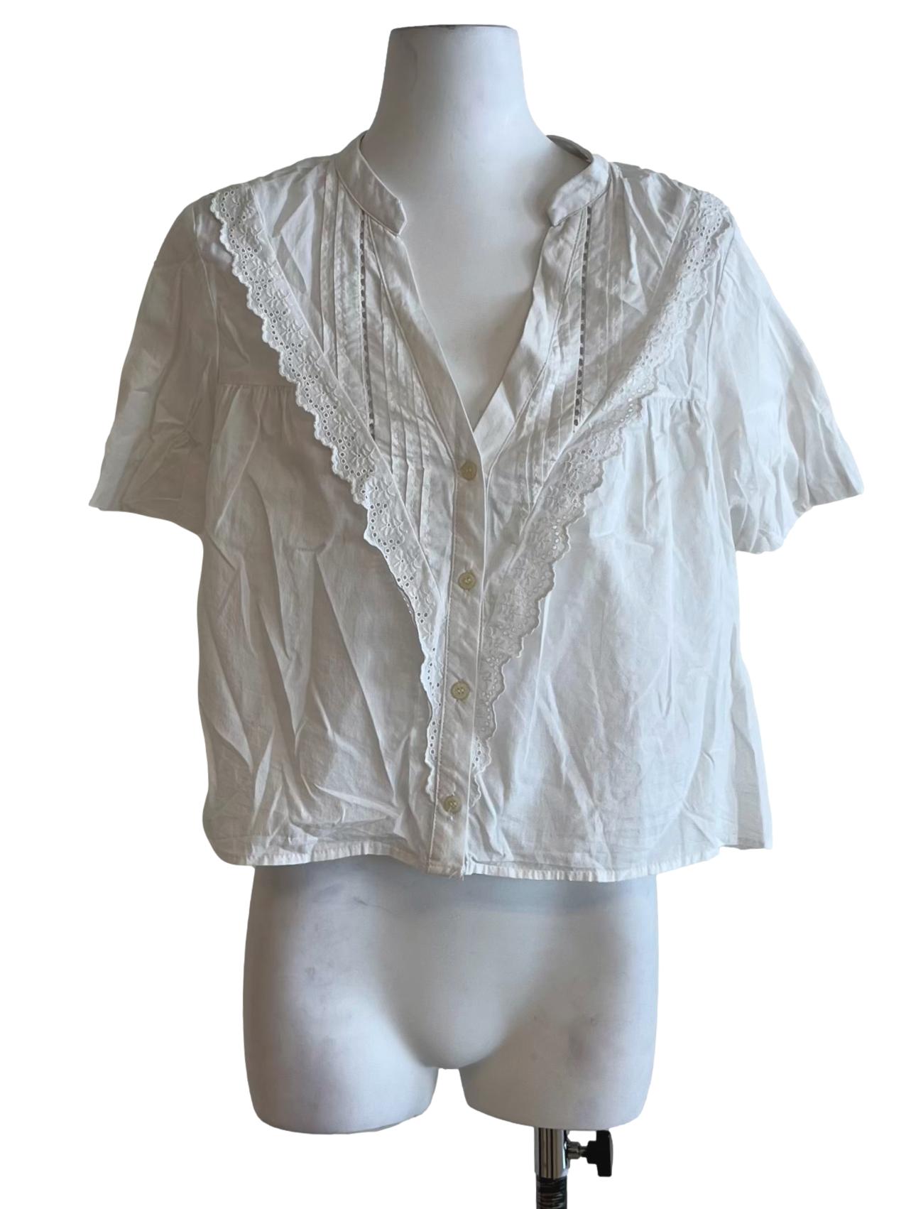 White V-Neckline Lace Hem Blouse