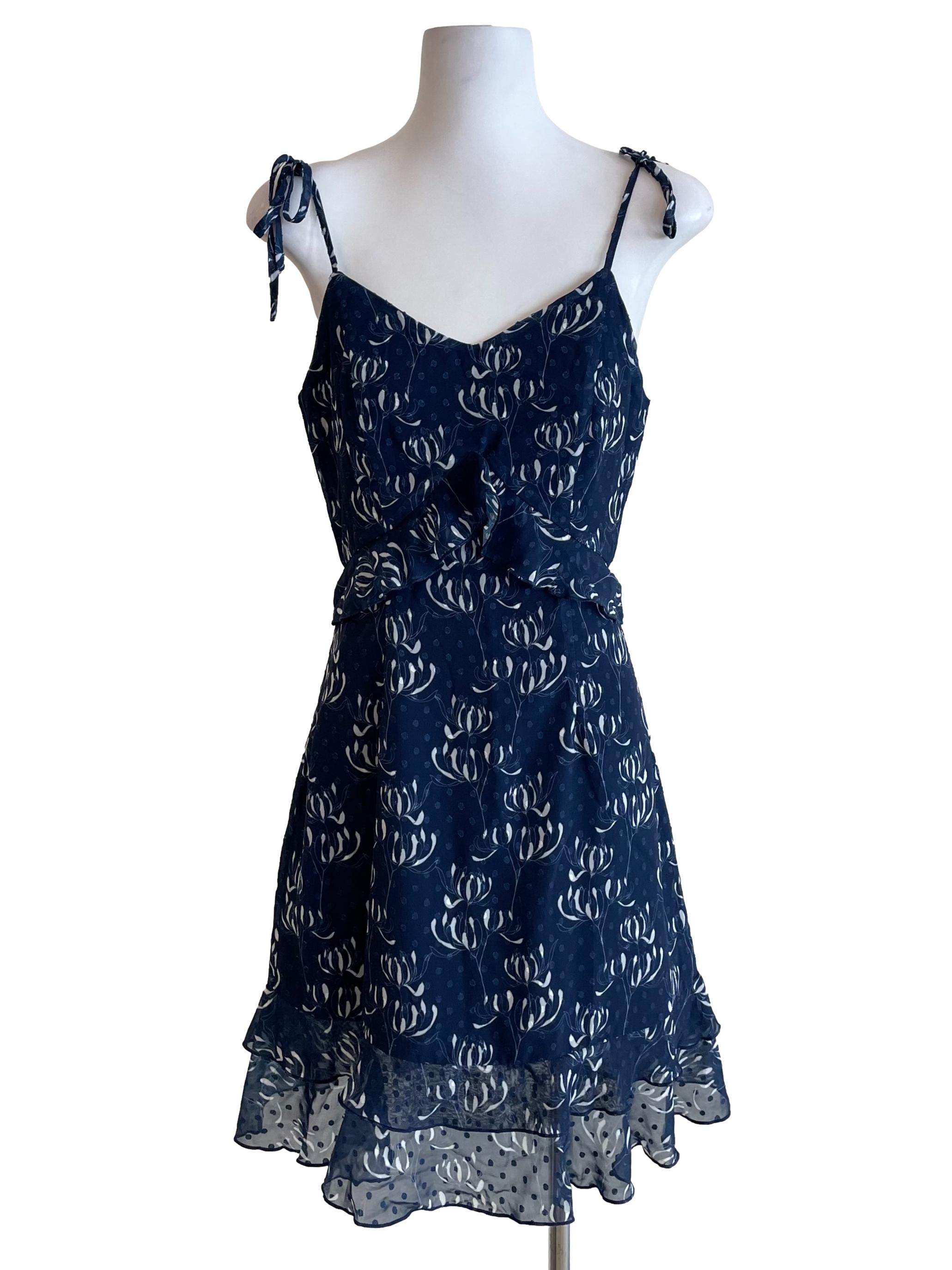 Navy Floral Ruffle Chiffon Dress