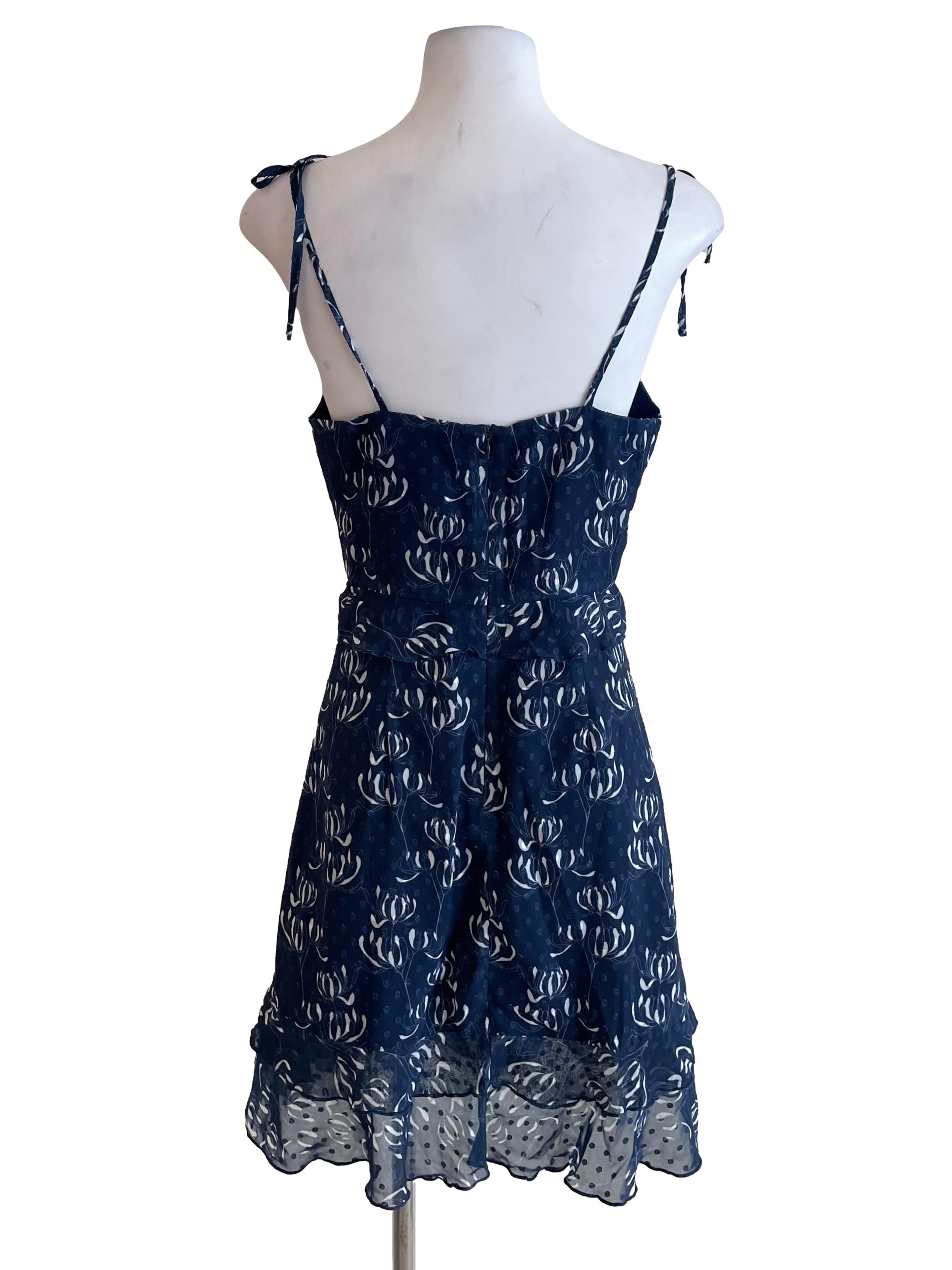 Navy Floral Ruffle Chiffon Dress
