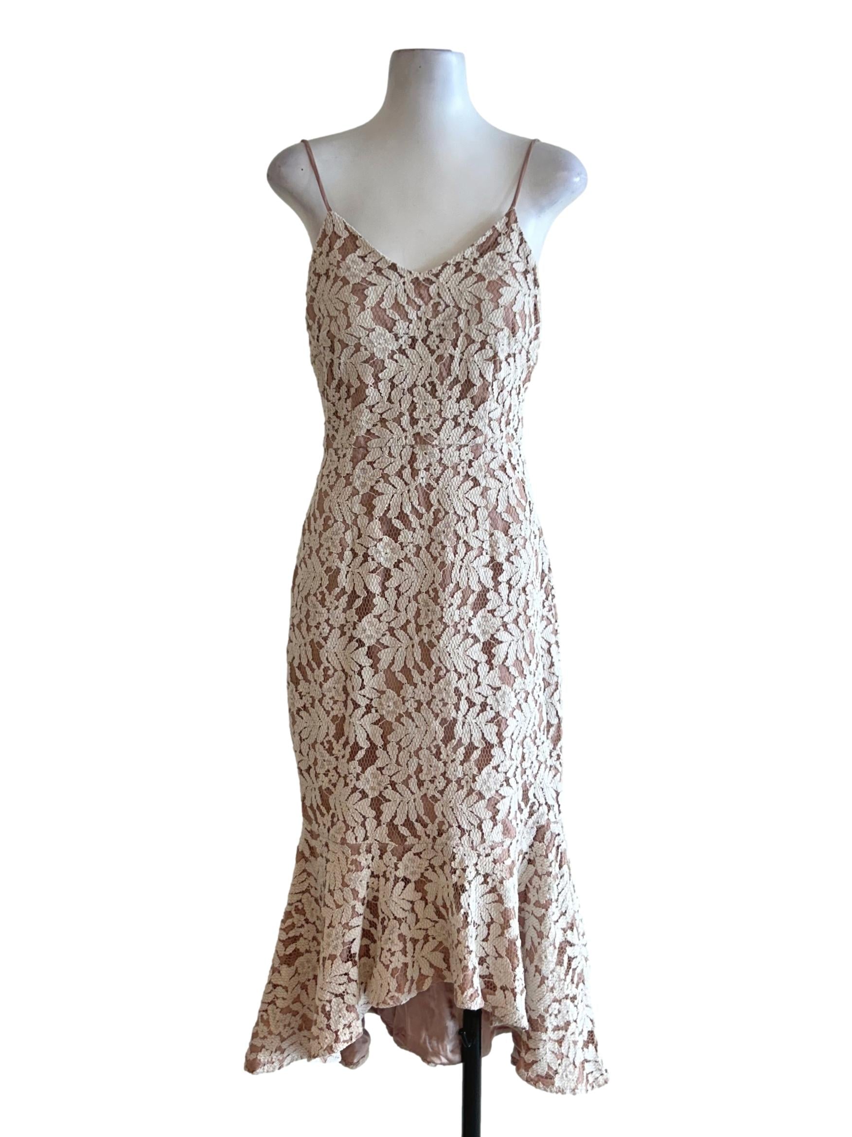 Beige Lace Spaghetti Strap Dress