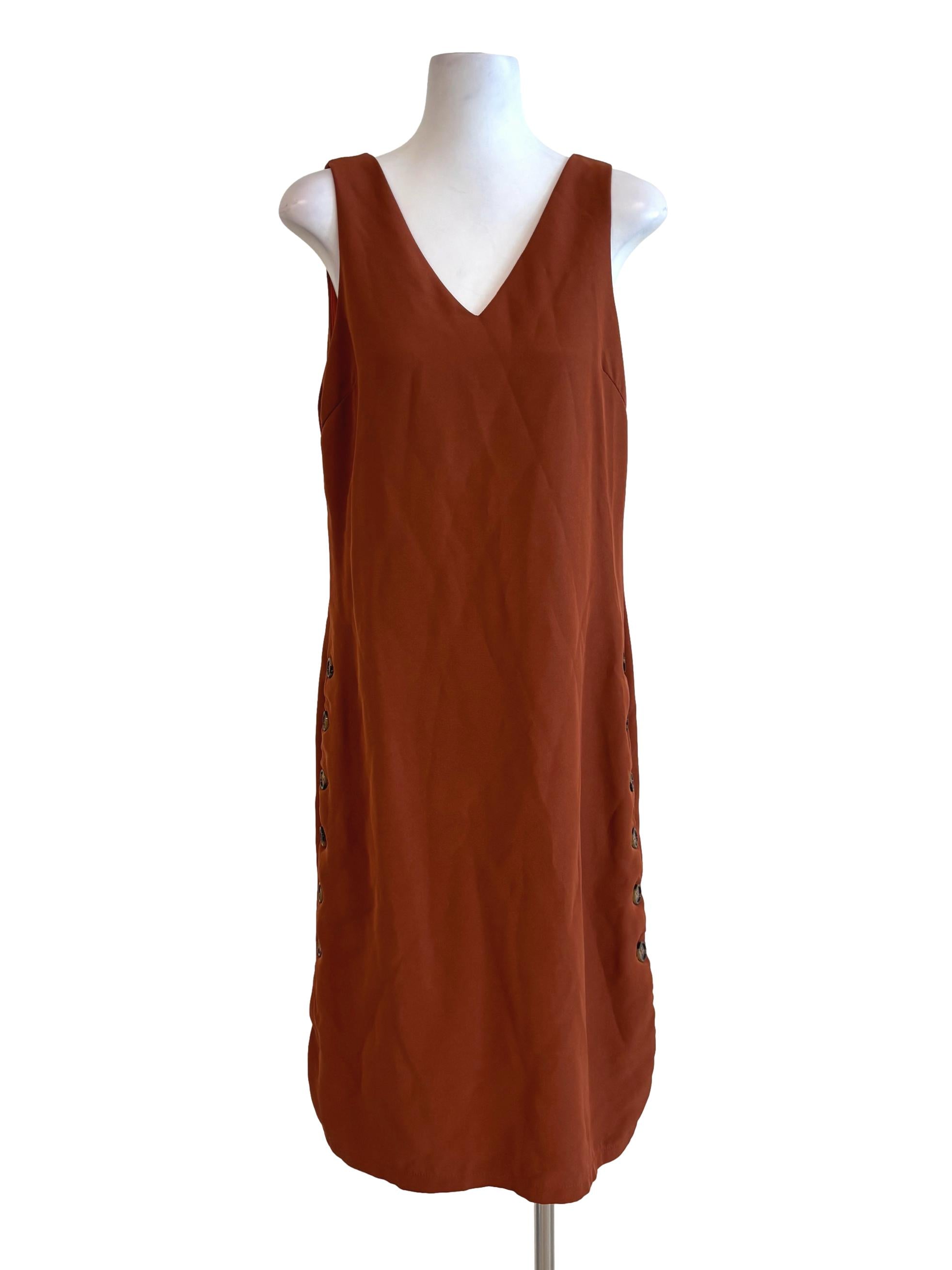 Rust Brown V-Neck Sleeveless Shift Dress