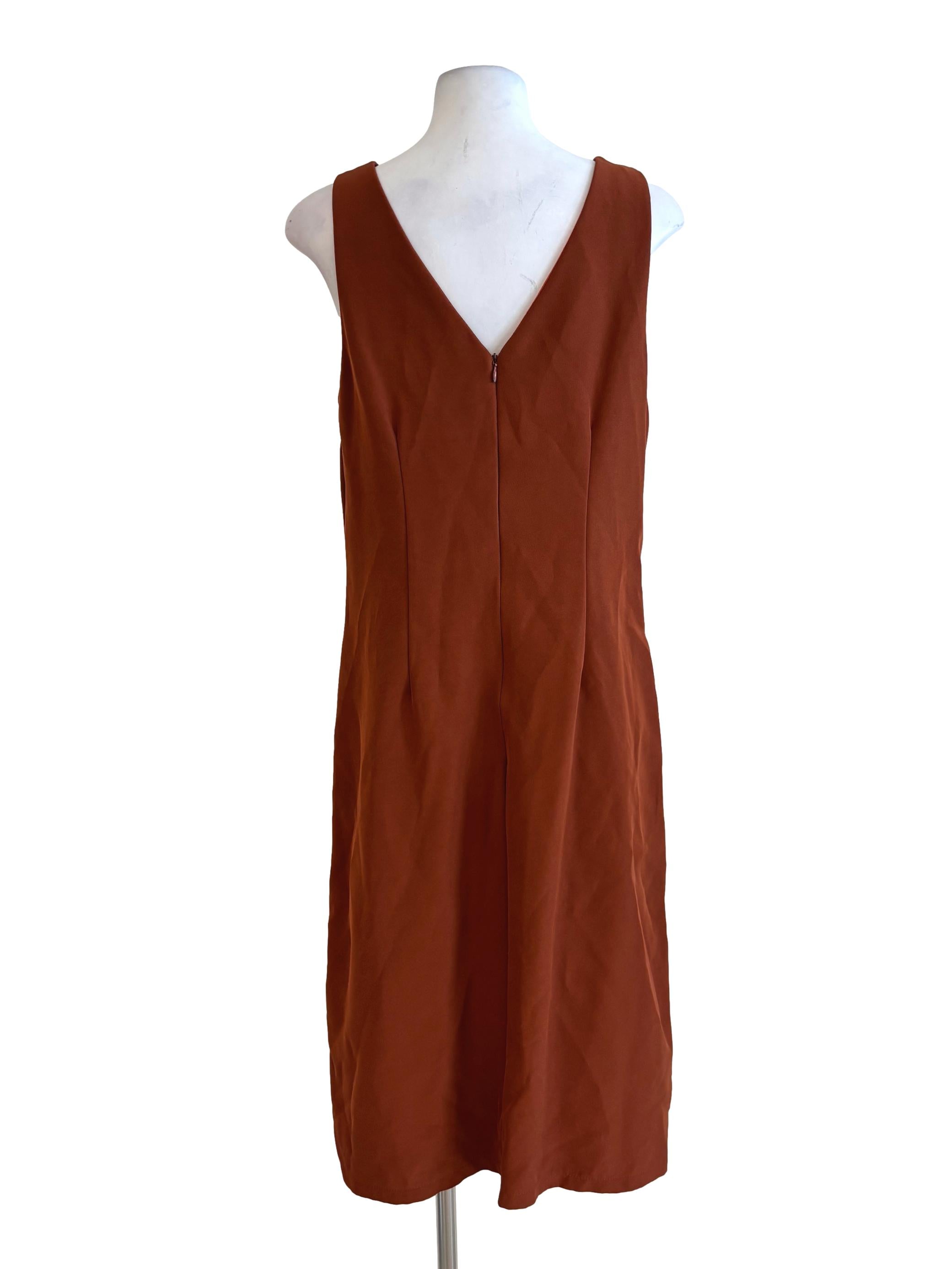 Rust Brown V-Neck Sleeveless Shift Dress