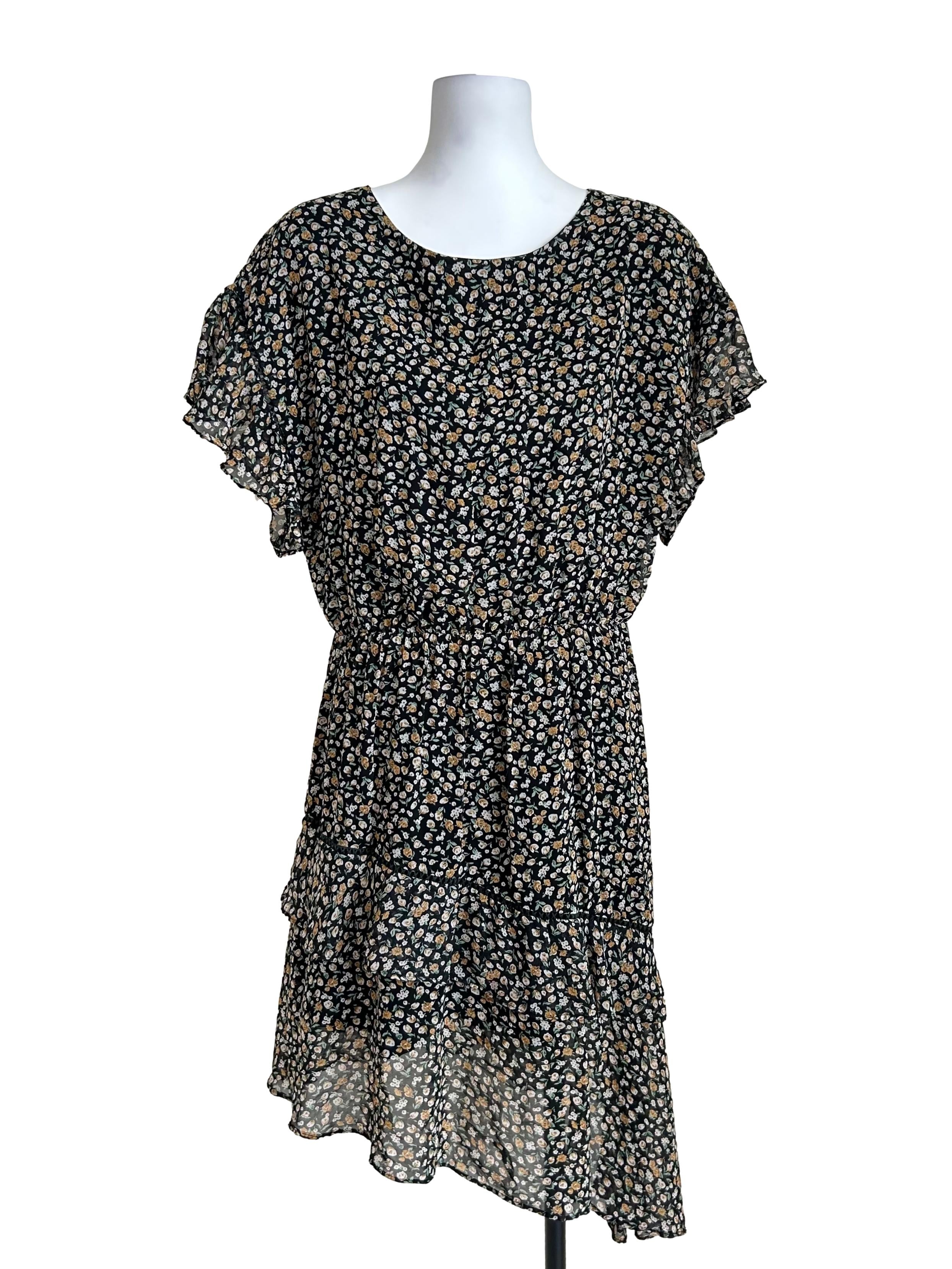 Black Micro Floral Tiered Dress