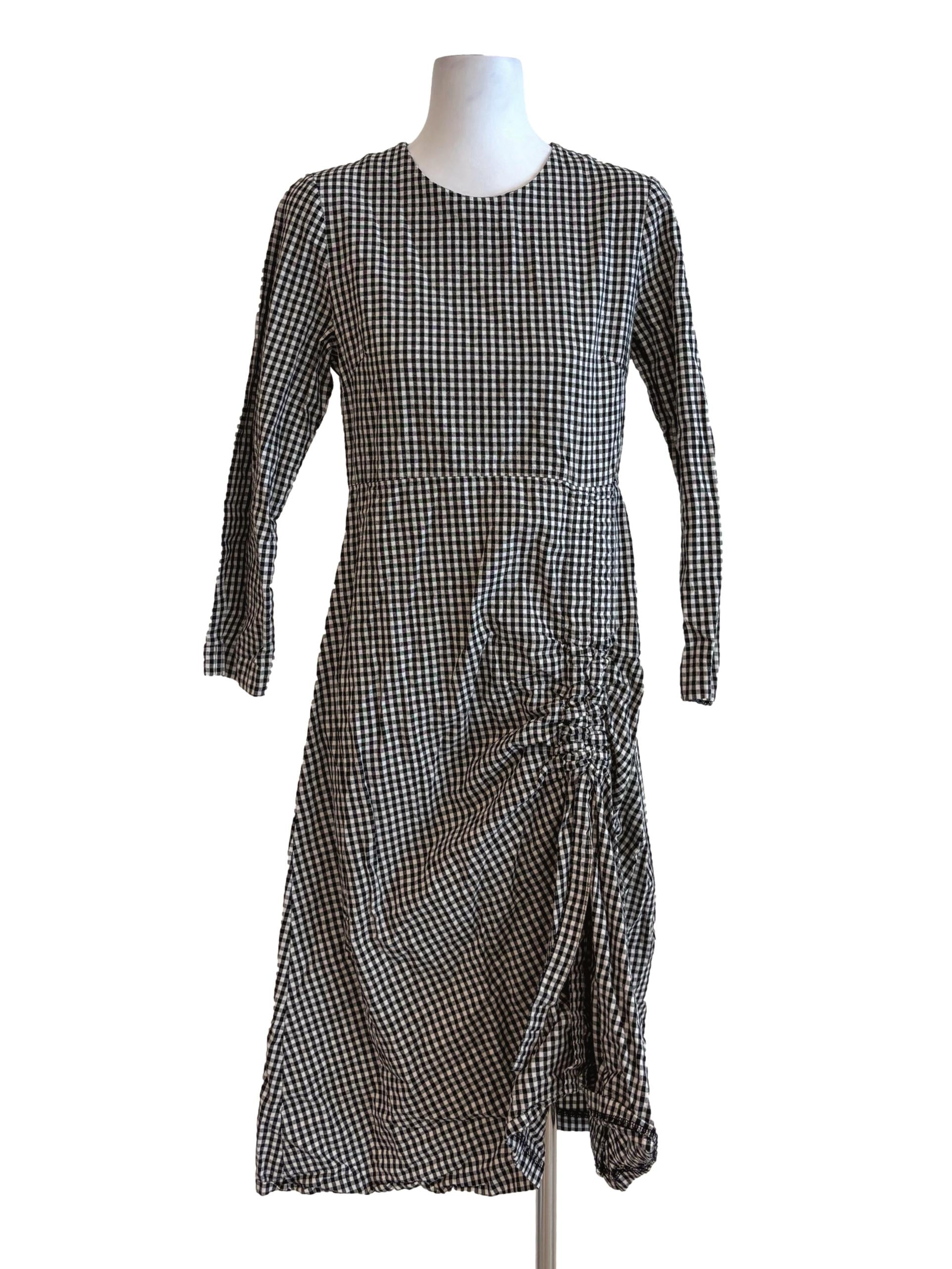 Black And White Side Ruched Gingham Dress