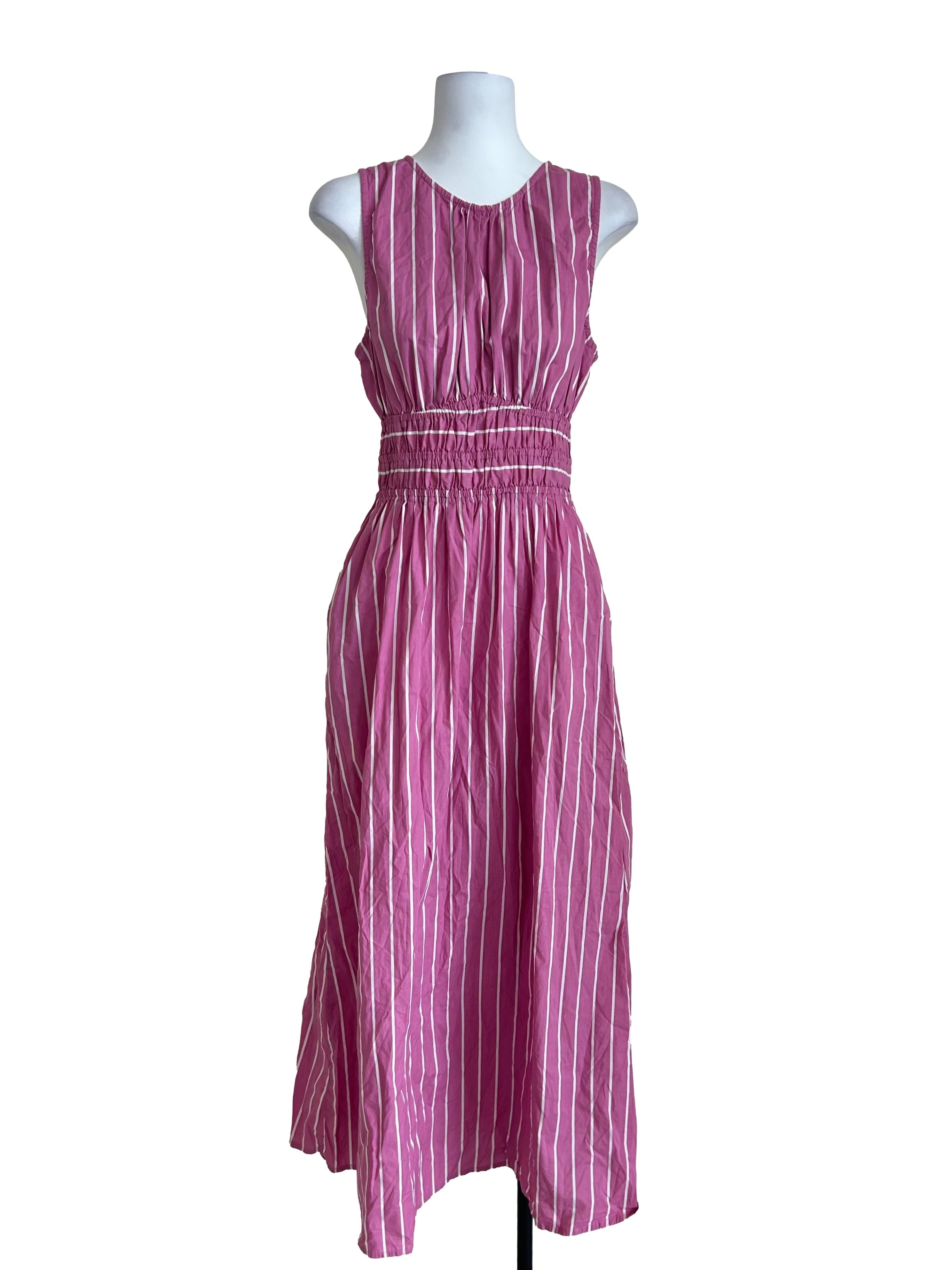 Pink Smocked Striped Midi Dress