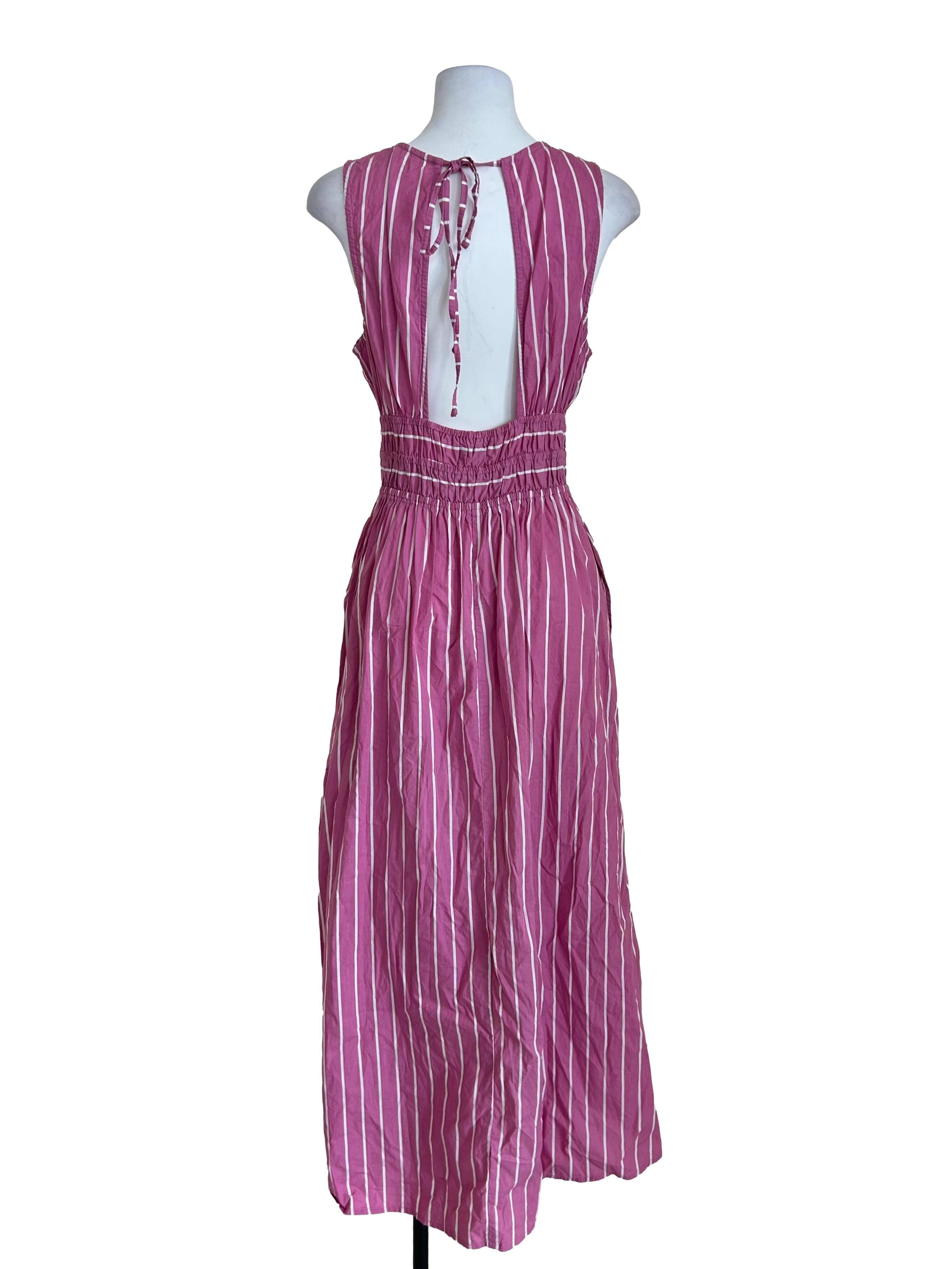 Pink Smocked Striped Midi Dress