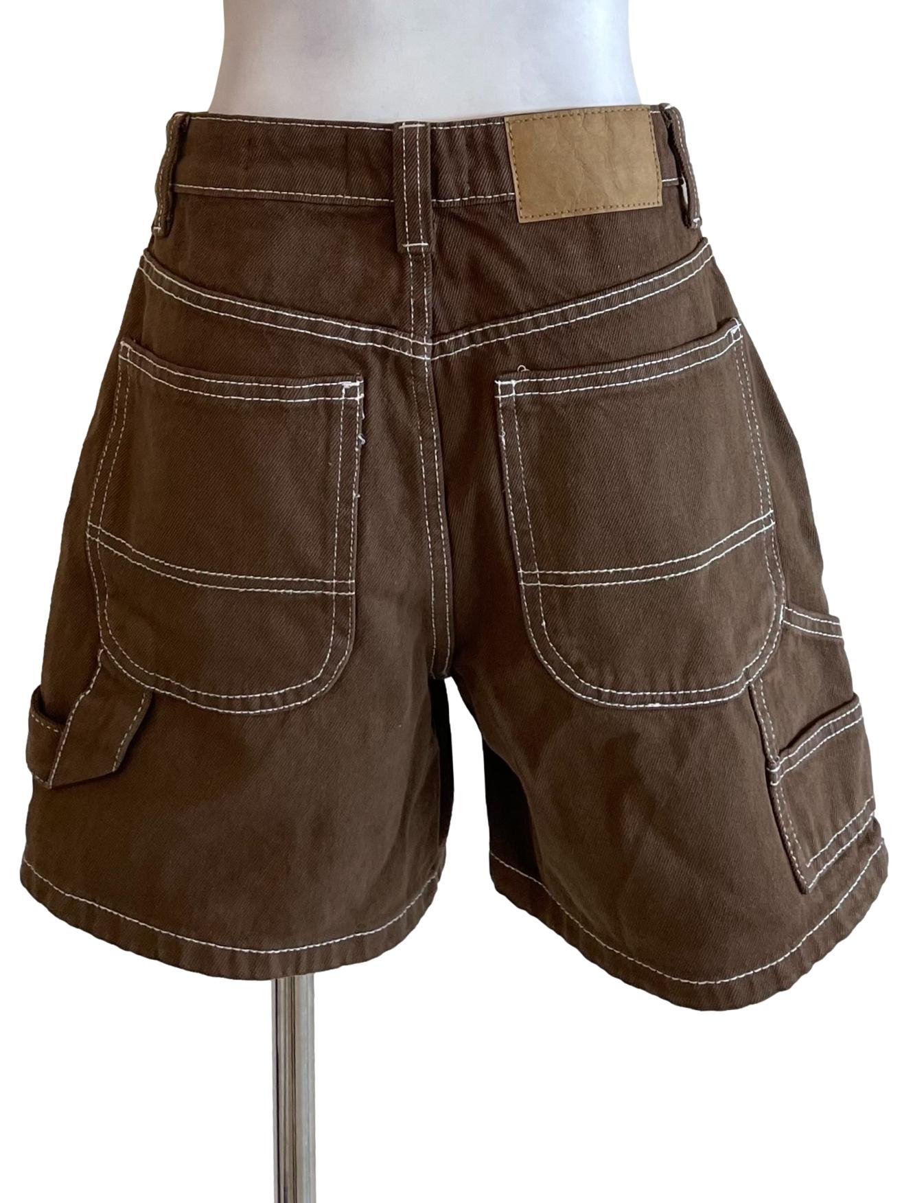Peanut Contrast Stitch High Waist Denim Shorts