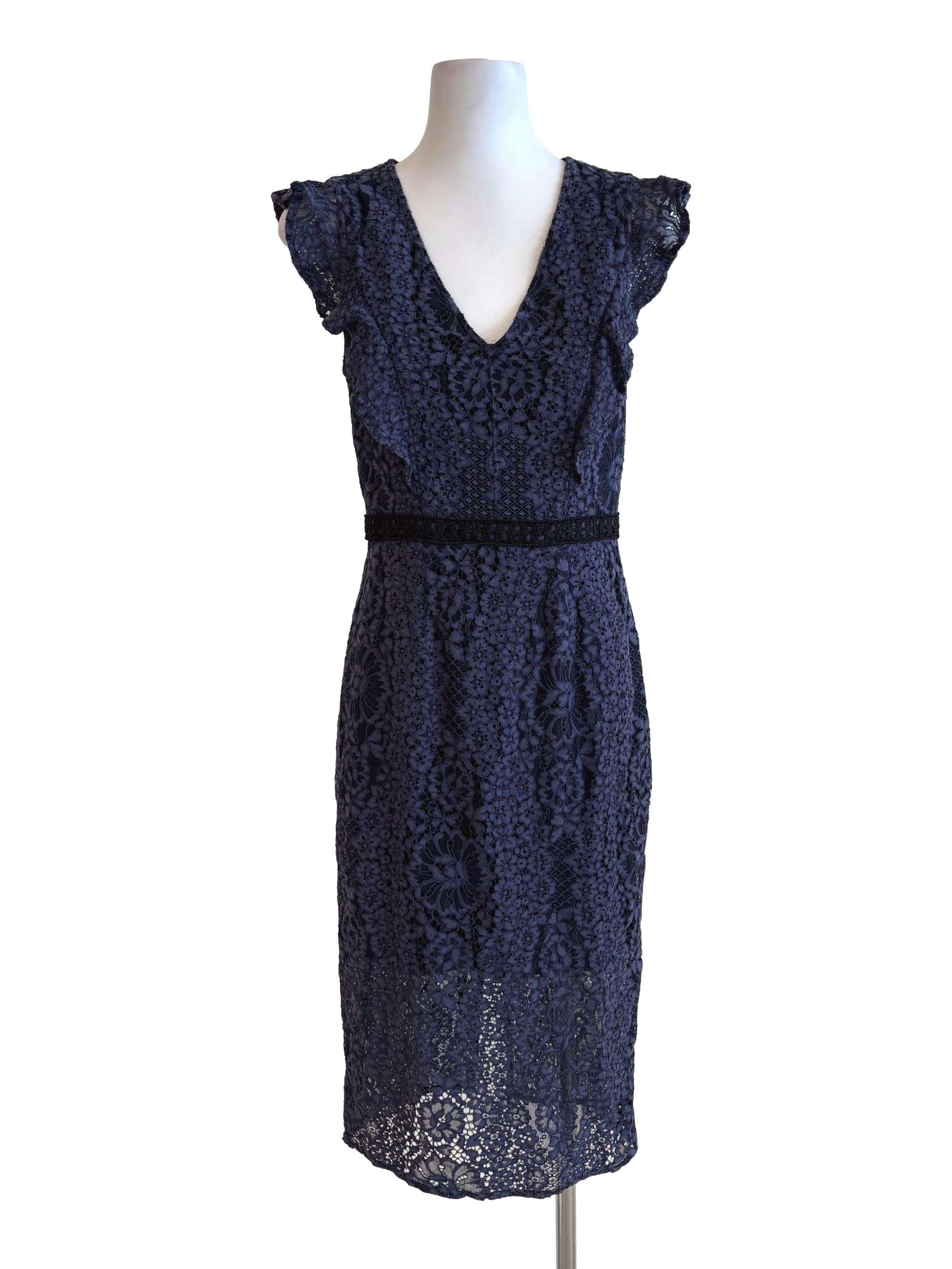 Midnight Blue Floral Lace Pencil Dress