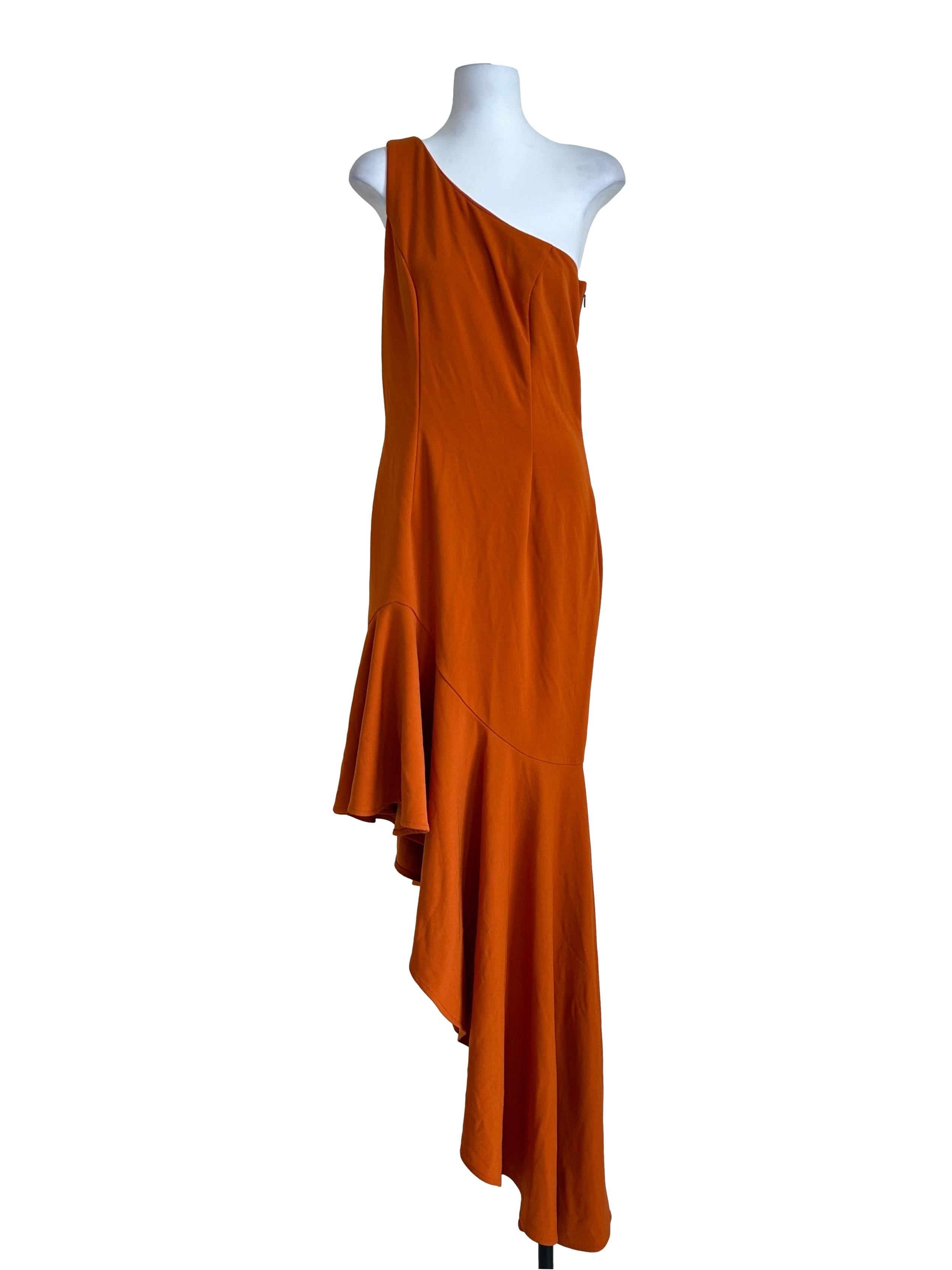 Rust Orange Asymmetric Ruffle Dress