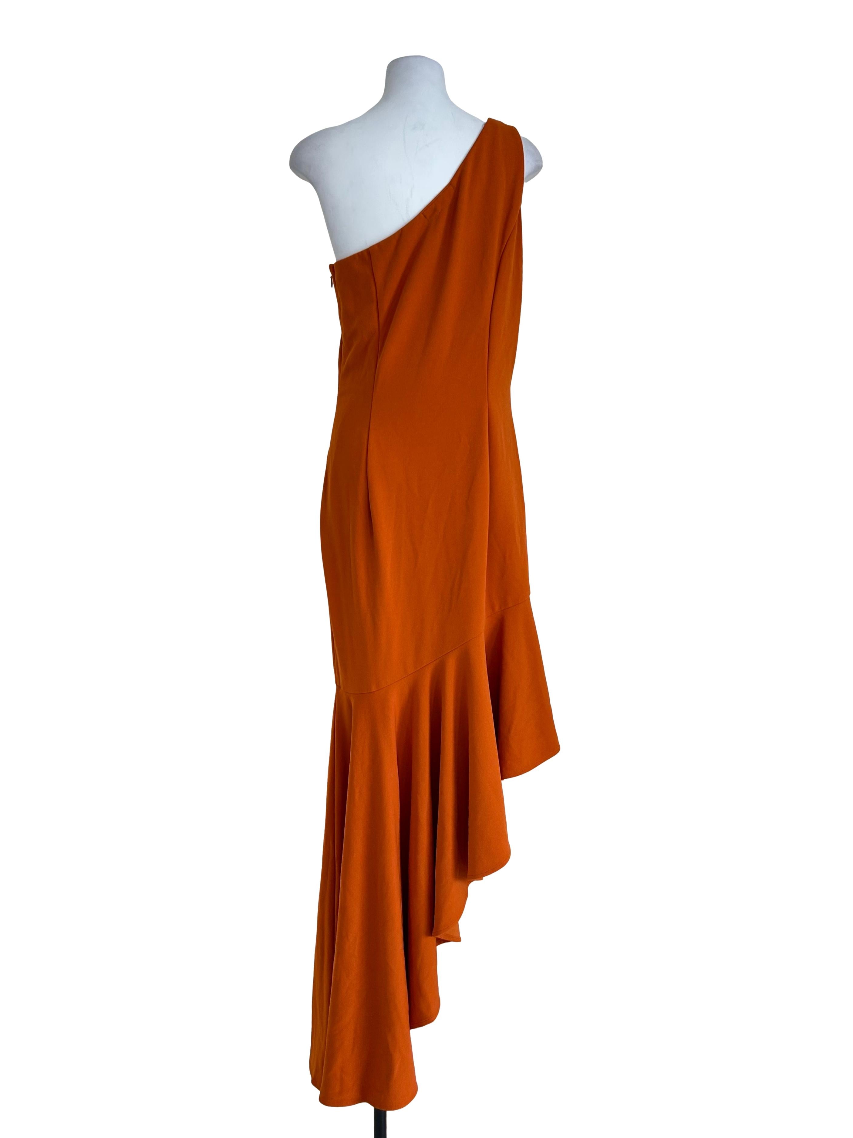 Rust Orange Asymmetric Ruffle Dress